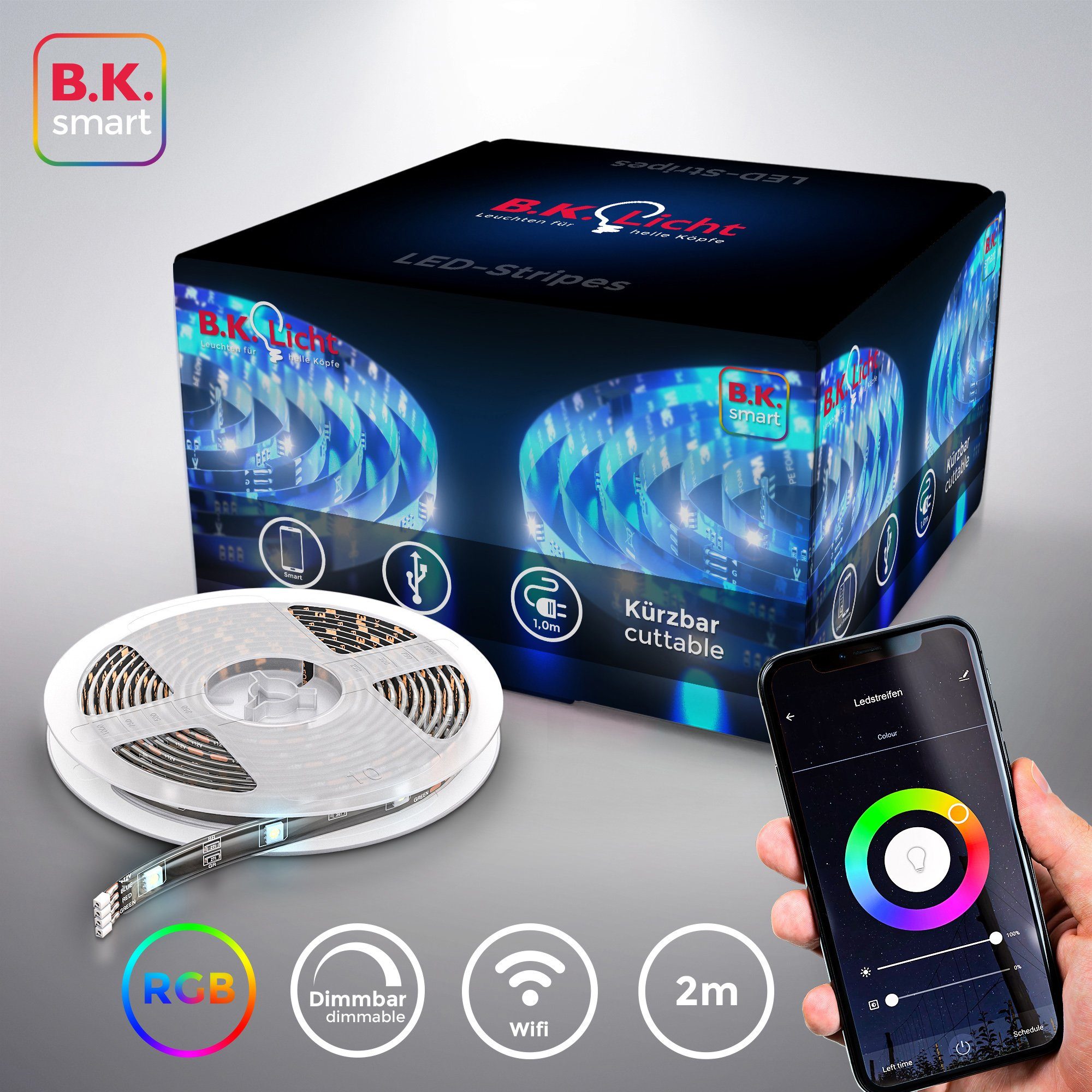 B.K.Licht LED-Streifen, Smart Home 2m inkl. LED Stripe/Band Appsteuerung USB WiFi