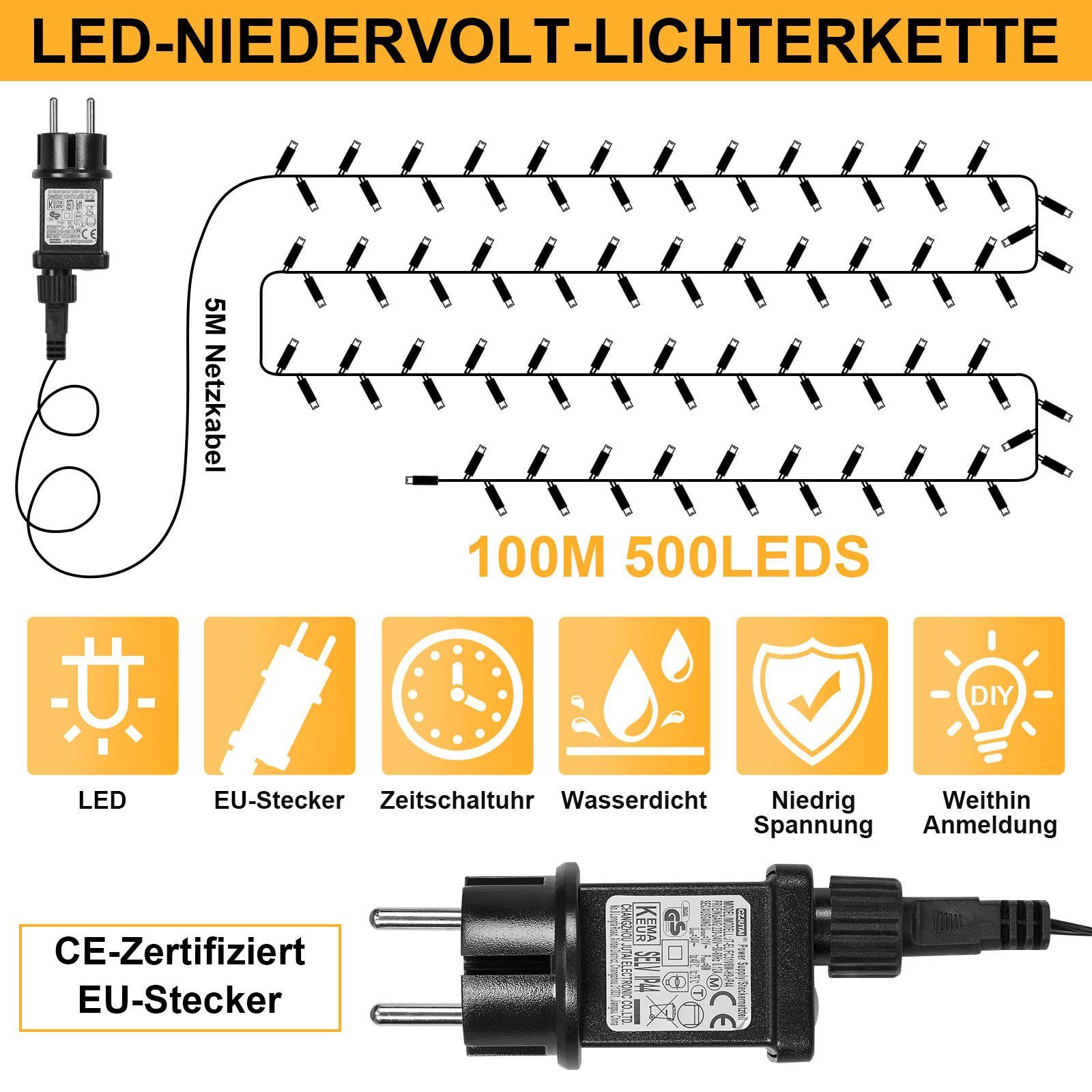 Sunicol LED-Lichterkette 20/50/100M,Schwarzer Draht,Outdoor Weihnachtsbaum Energiesparendes, Garten, 31V 500-flammig, wasserdicht