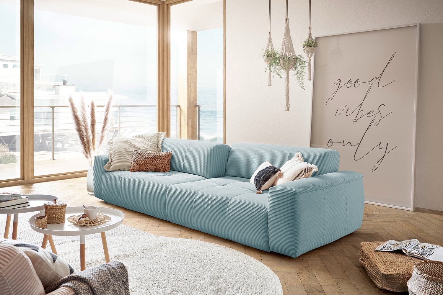 versch. 3-Sitzer Farben KAWOLA Big Cord PALACE, mit hellblau Sofa Sitztiefenverstellung
