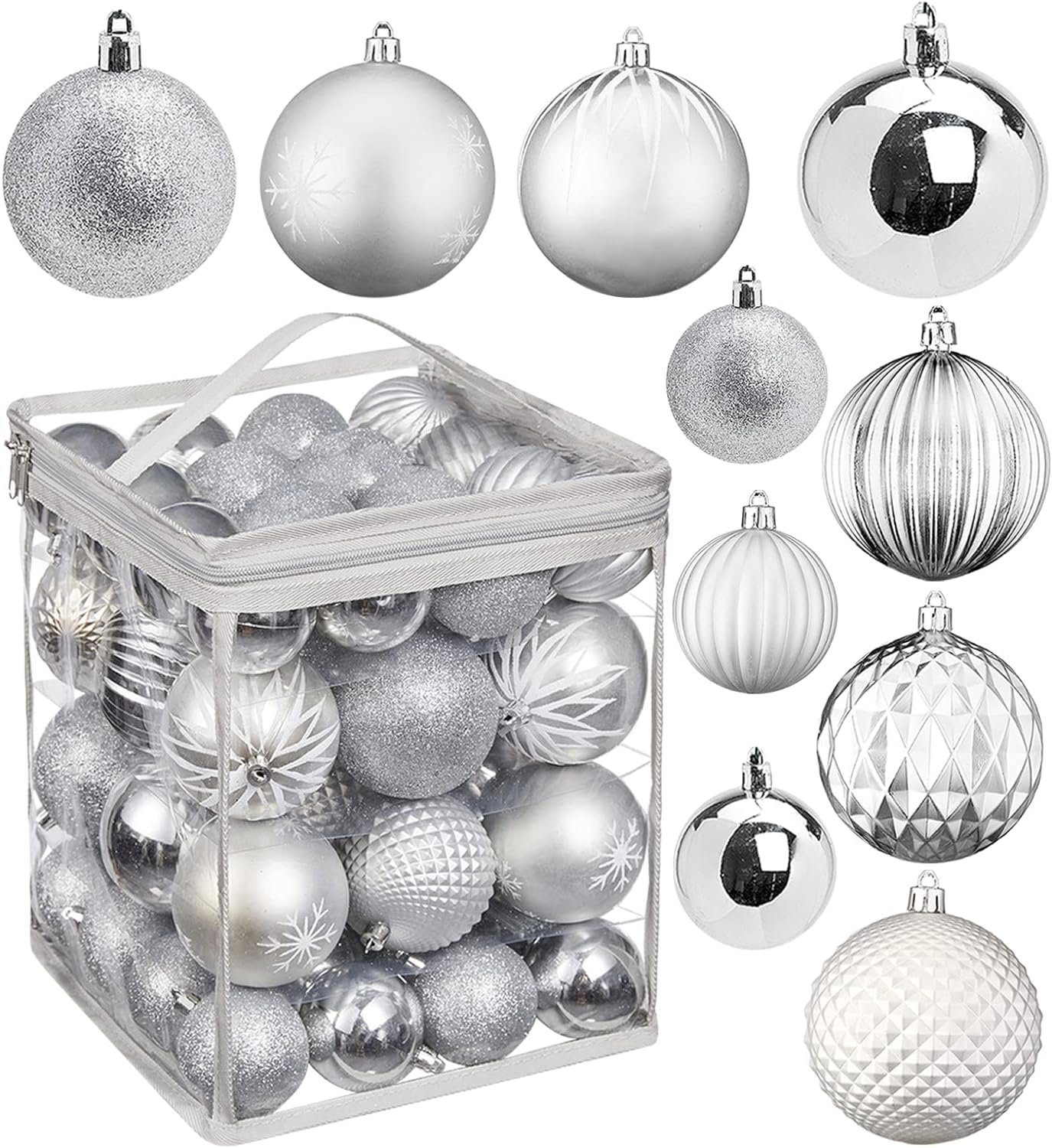 AUFUN Weihnachtsbaumkugel Premium Weihnachtsdekorationen Weihnachtsbaumschmuck Deko Kunststoff, für Weihnachten, Hochzeiten, Verlobungen,Geburtstagen, Jubilaumsfeiern Silber-50PCS