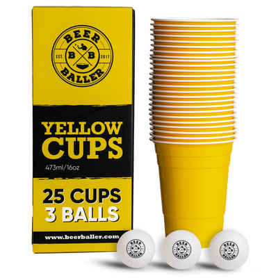 BeerBaller Becher BeerBaller® Yelllow Cups - 25 gelbe Beer Pong Becher & 3 Bierpong Bälle als Set, 16oz/473ml