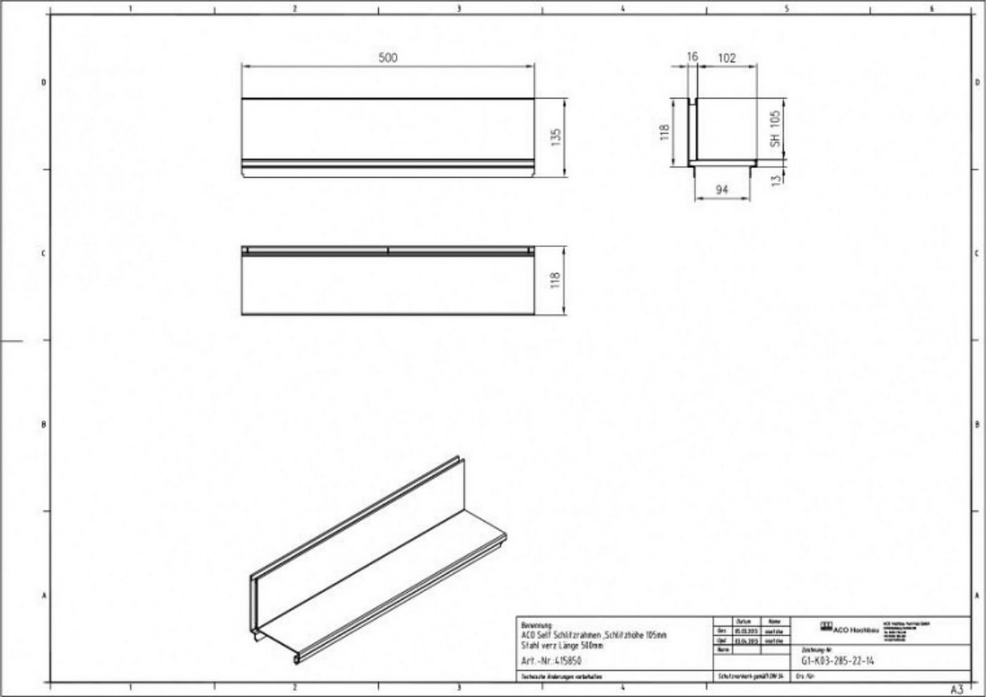 Thumbnail - ACO Severin Ahlmann GmbH & Co. KG Entwässerungsrinne Schlitzaufsatz Stahl verzinkt Länge: 50 cm - Breite: 11,8 cm, 1-St....