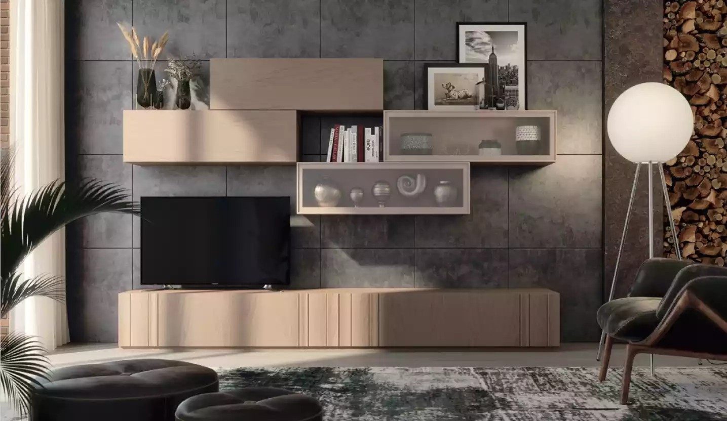 JVmoebel Wohnwand Hochglanz TV Möbel in Beige aus hochwertigem Holz, (1-St., 1x Wohnwand), Made in Europa