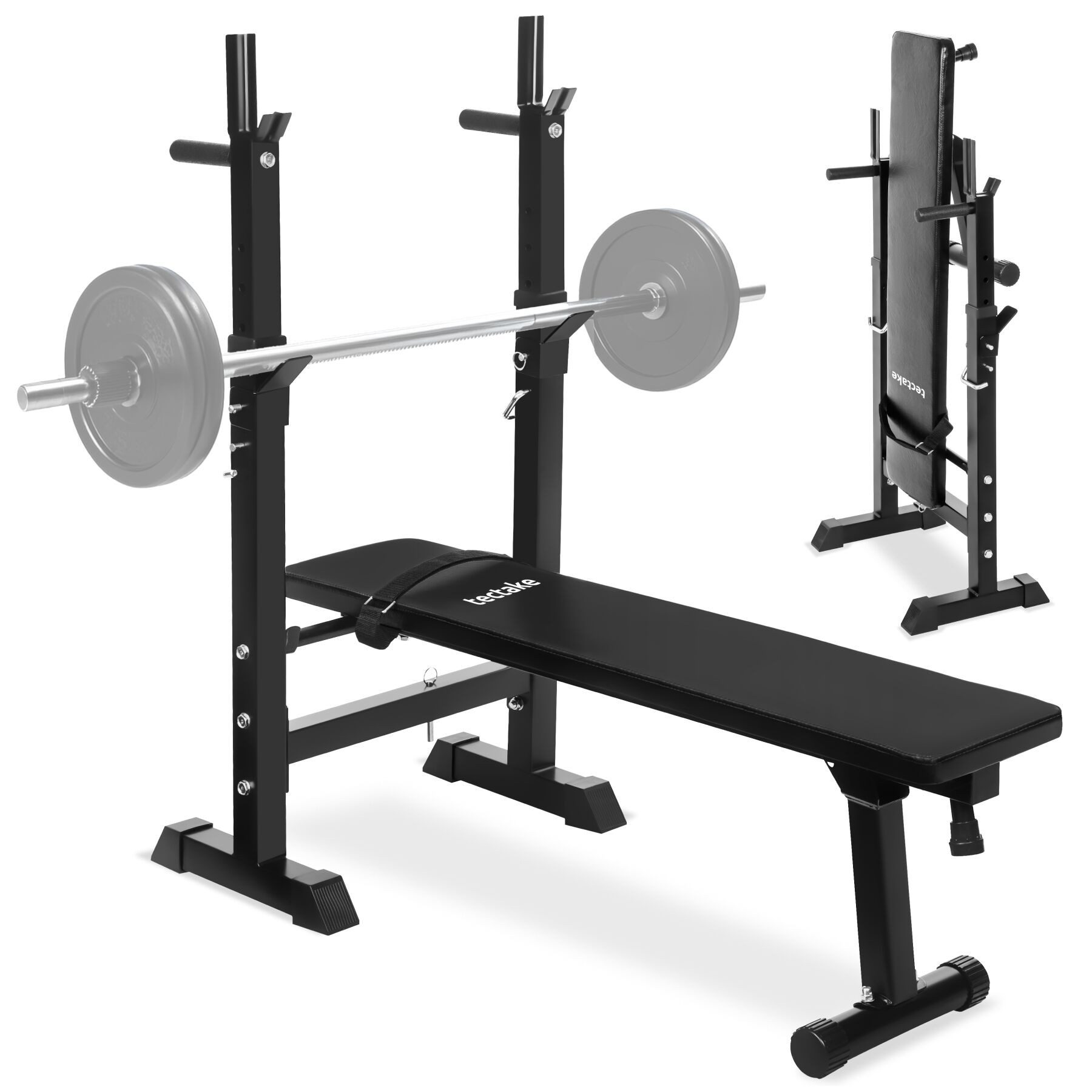 tectake Hantelbank Fitnessbank, rutschfest, mit 2 höhenverstellbaren Langhantelabnahmen, (Trainingsbank, in schwarz), 118 x 55 x 106 cm, gepolstert mit Kunstlederbezug, Dip Station