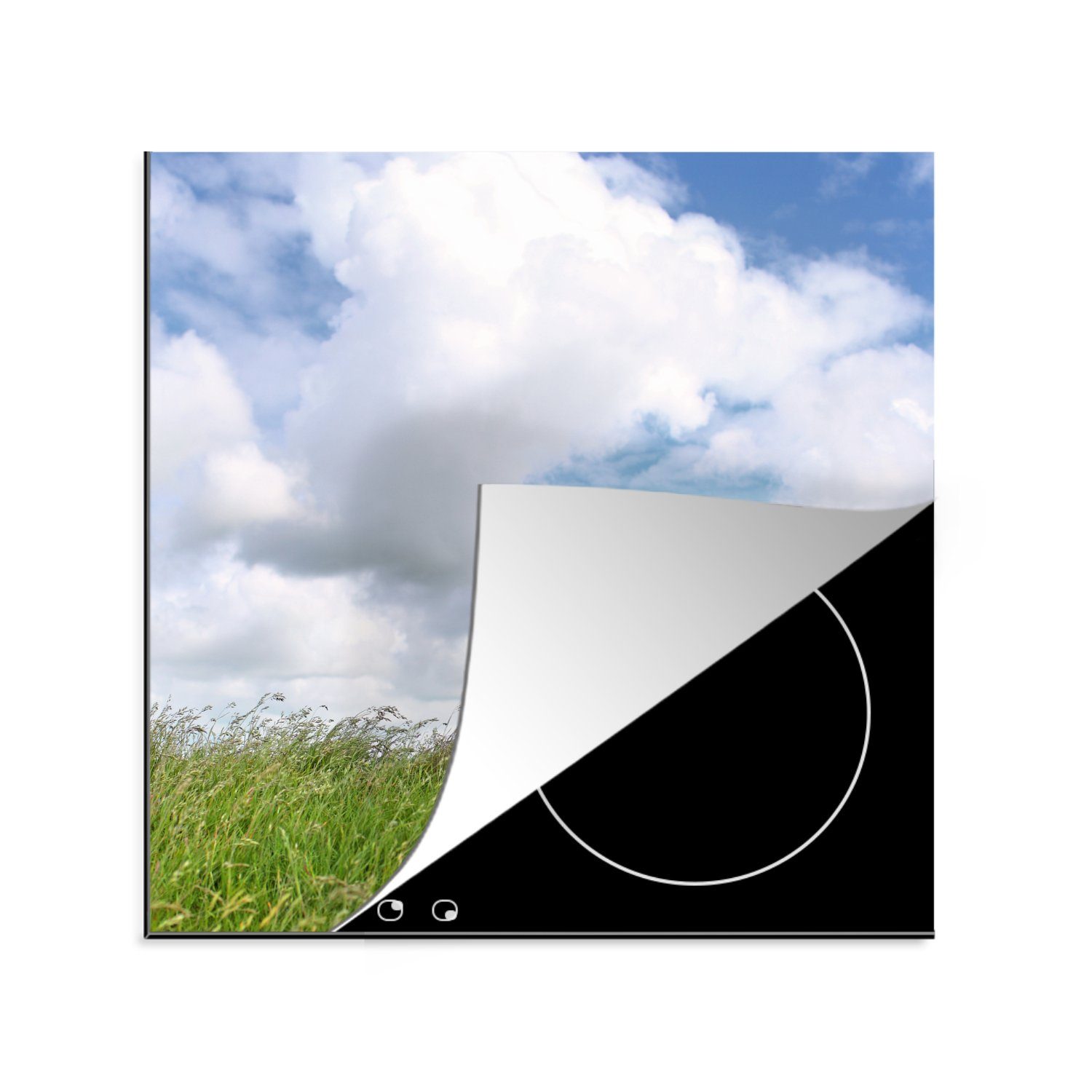 MuchoWow Herdblende-/Abdeckplatte Weiße Wolken über dem Lamm auf der Wiese, Vinyl, (1 tlg), 78x78 cm, Ceranfeldabdeckung, Arbeitsplatte für küche