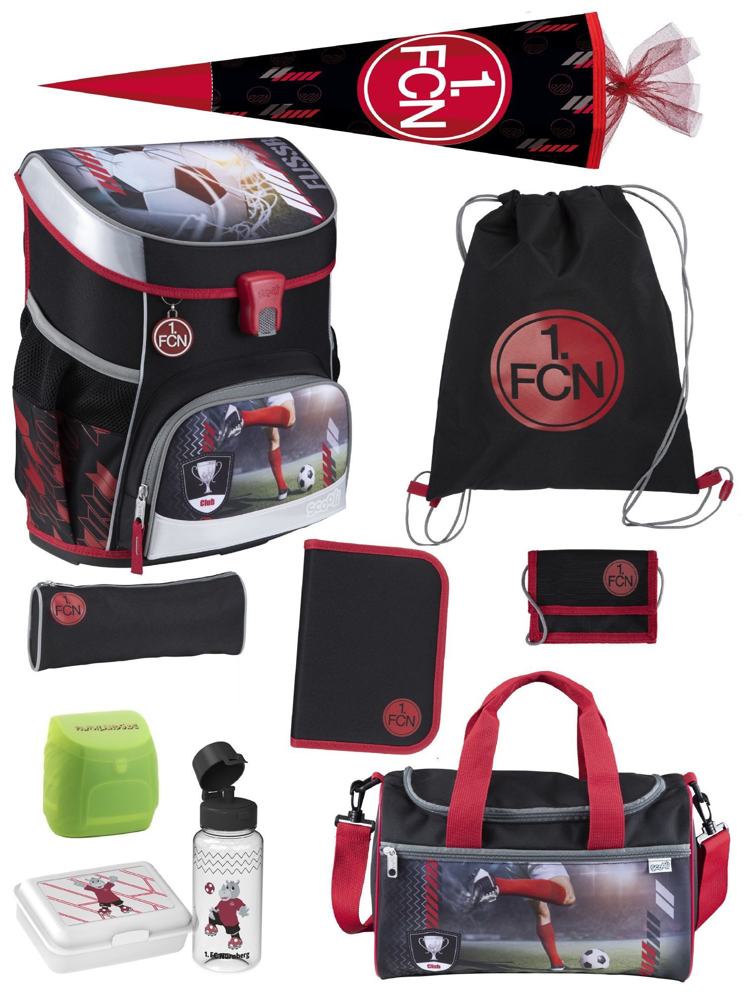 Scooli Schulranzen Campus Fit Fussball Schultasche 1. FC Nürnberg FCN Club Ranzen (Komplett-Set, 10-tlg., mit Lunch-Set, Regenschutz und Schultüte 85 cm), mit Brustgurt, 980 Gramm leicht, limited Edition