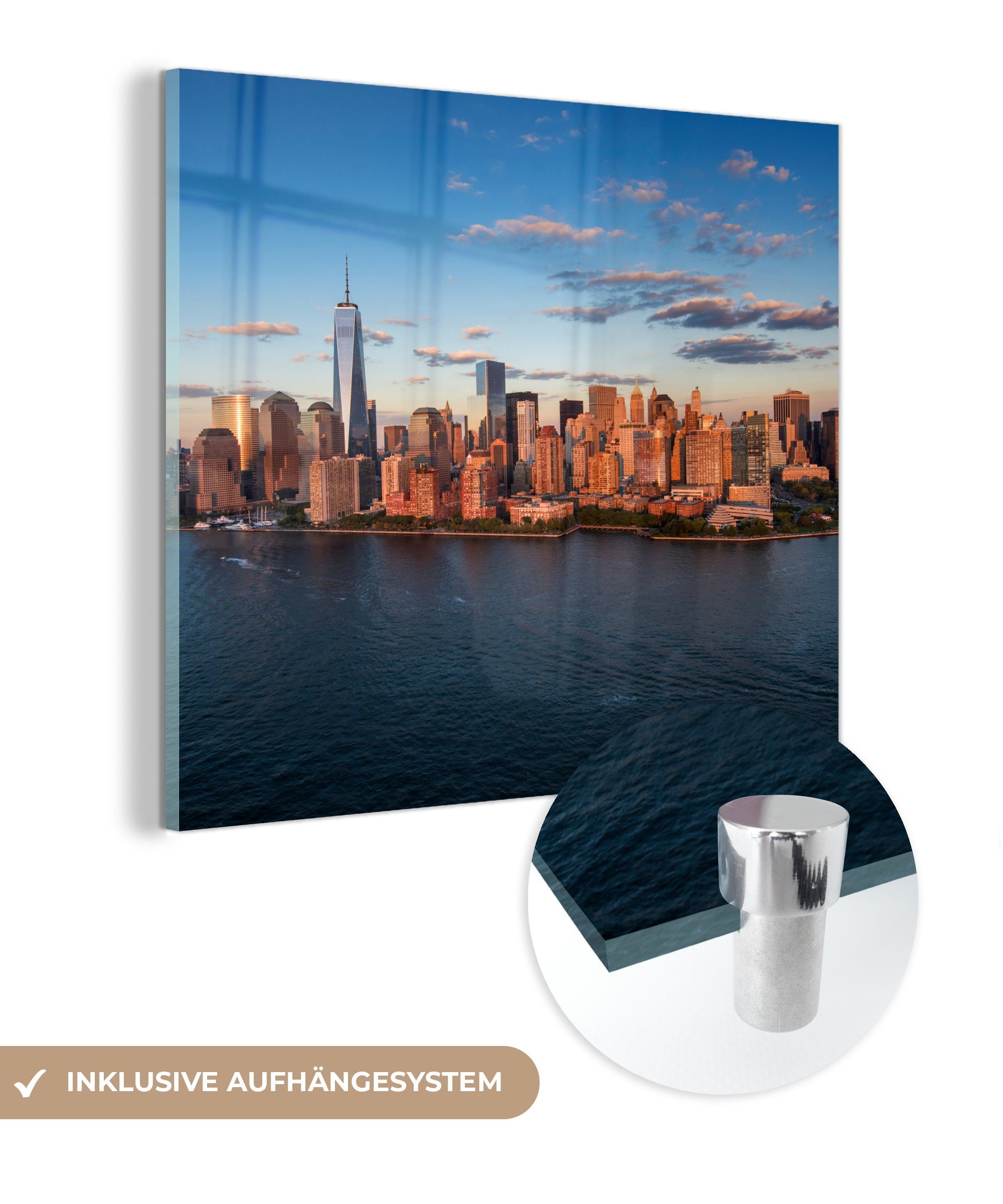 MuchoWow Acrylglasbild New York - Skyline - Boot, (1 St), Glasbilder - Bilder auf Glas Wandbild - Foto auf Glas - Wanddekoration bunt