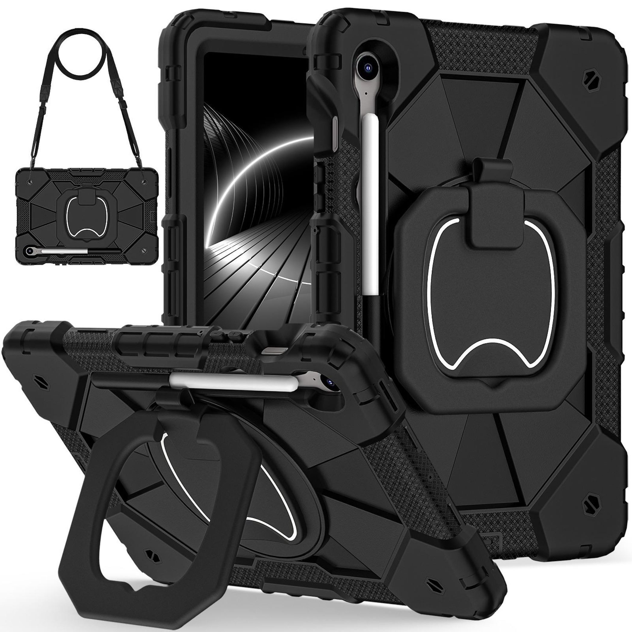 Wigento Tablet-Hülle Für Samsung Galaxy Tab S10 Lite / S10 FE Hybrid Hülle Halter Schwarz, Hybrid Schutzhülle Smart Case Cover mit Schultergurt