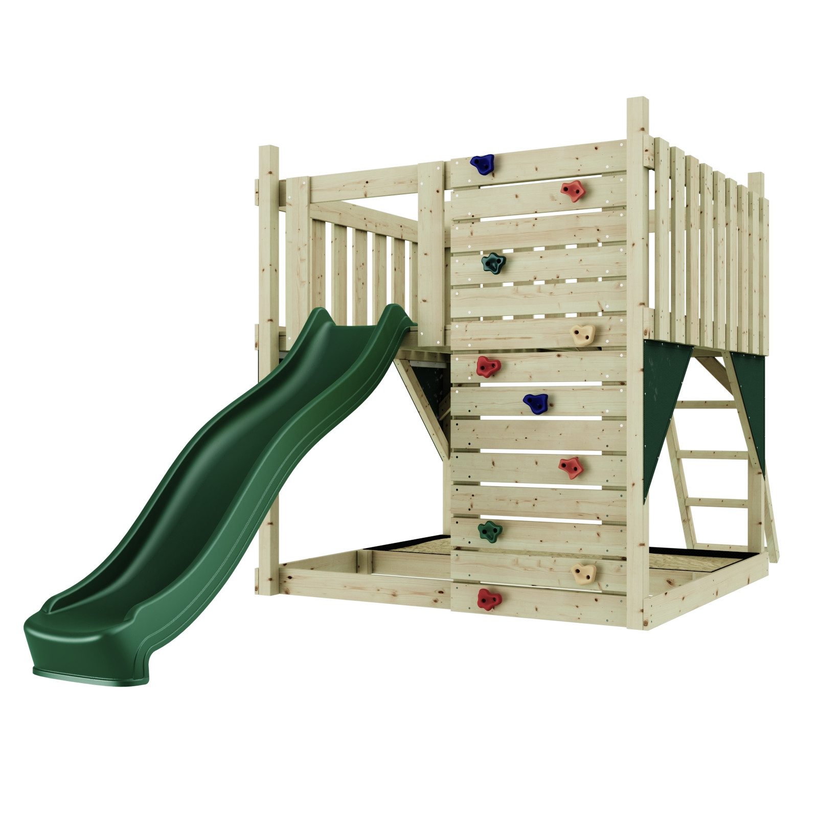 OutdoorToys Spielturm Plattform Sternenhimmel aus Holz in Dunkelgrün mit Rutsche, aus Holz in Dunkelgrün mit Rutsche, Kletterwand