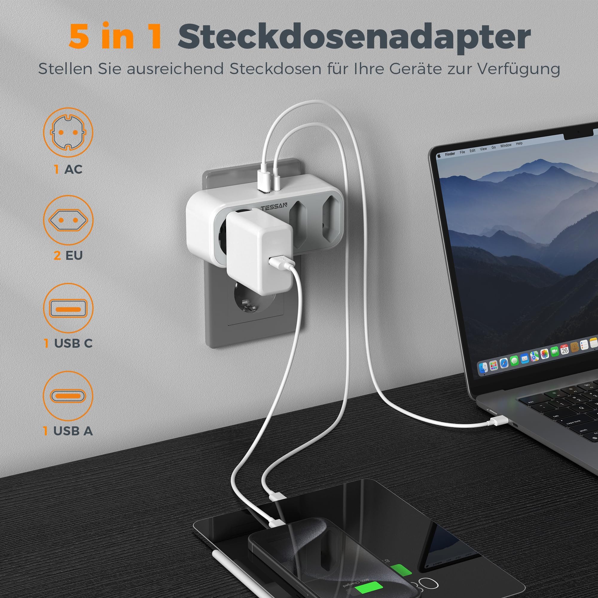 TESSAN 3fach Steckdosenadapter 3600W, Doppelstecker für Steckdose mit 2 USB Mehrfachsteckdose 3-fach (5 in 1 Mehrfachstecker, 2 USB Anschlüsse, Mehrfachstecker mit USB)