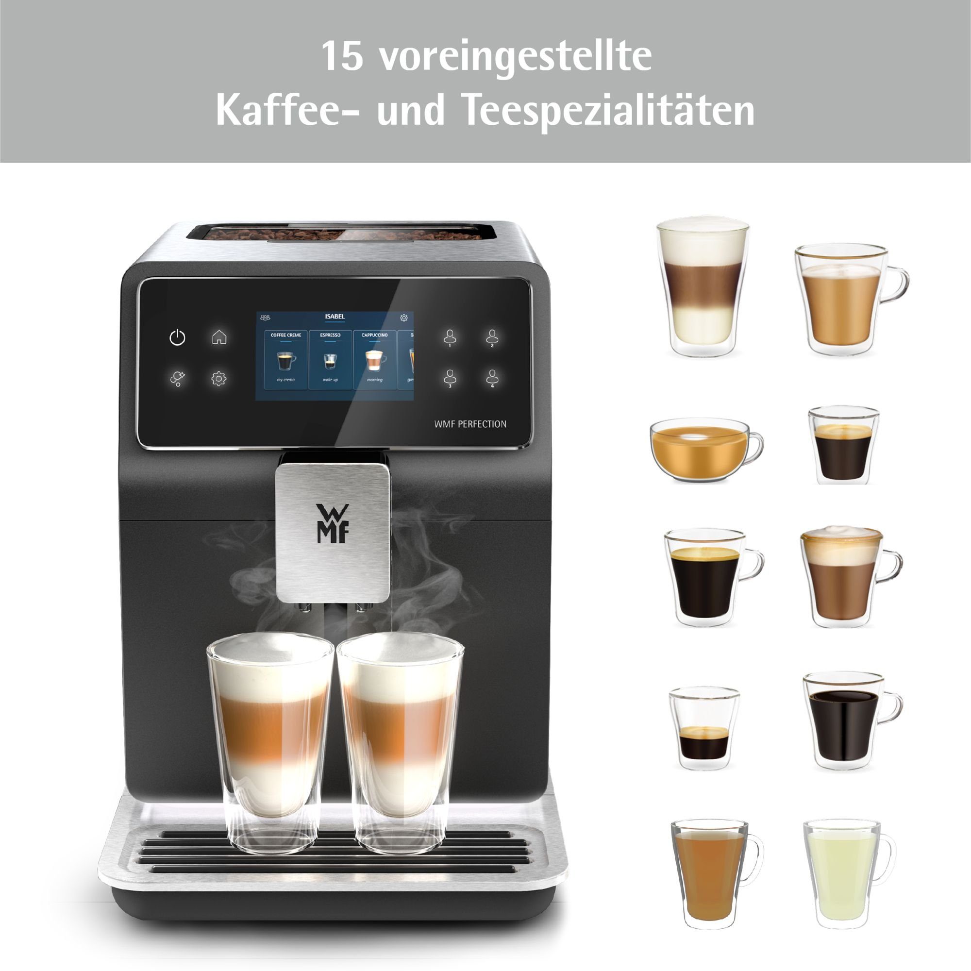 WMF Kaffeevollautomat, 15 Getränkespezialitäten, Double Thermoblock, Edelstahl-Mahlwerk