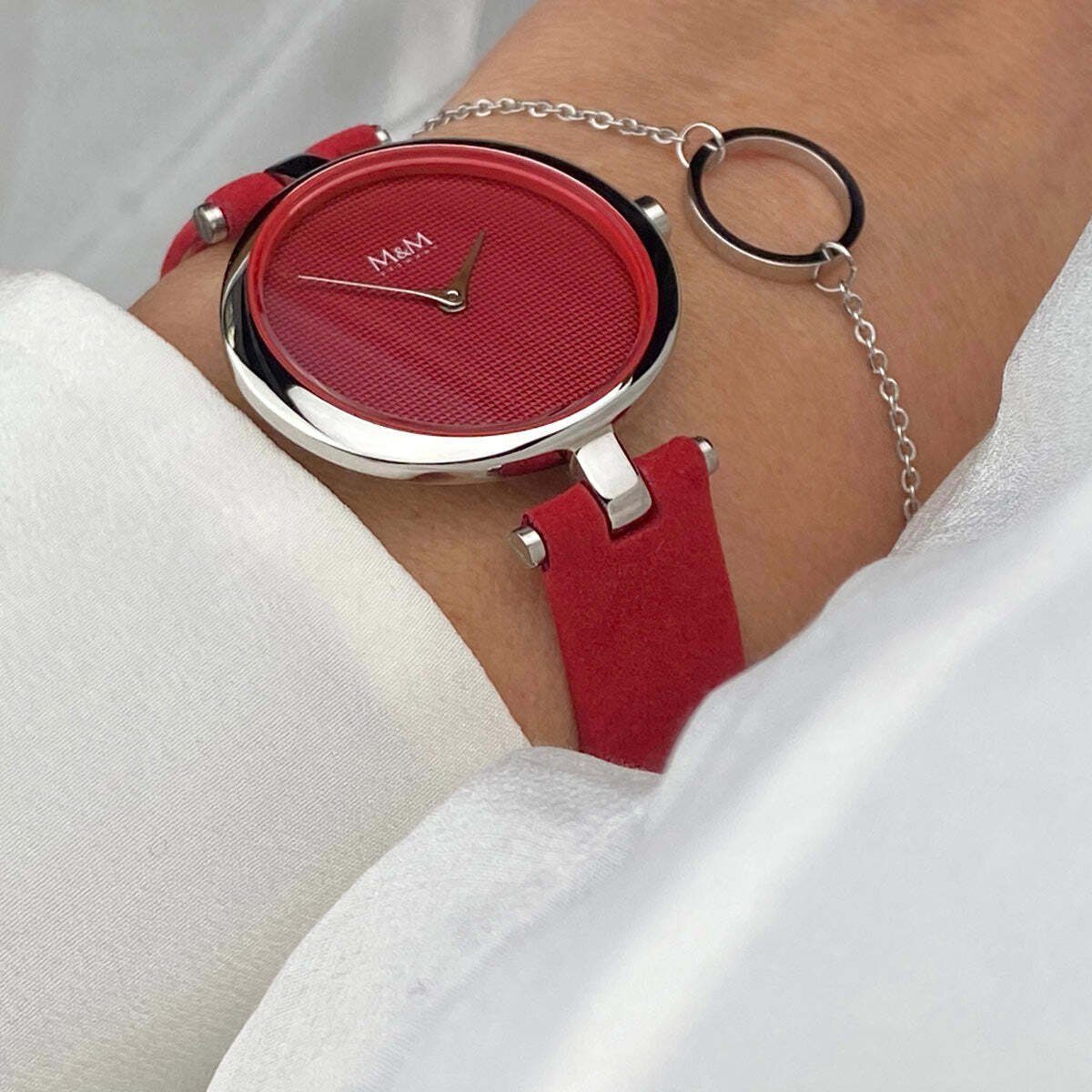 rot, Armband Damen M&M braun Zifferblatt Lederarmband, mit Wasserdicht / Ring-O, silber (1-tlg), Quarzuhr rund Gehäuse Analoguhr rot, rot Armbanduhr Leder