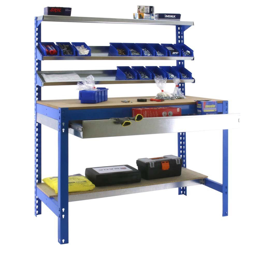 PROREGAL® Werkbank Werkbank Buffalo mit Frontablage und Schubfach, (3 verschiedene Größen (HxBxT 144,5 x 90/120/150 x 61/61/76cm), Traglast 600kg, Verschiedene Farben)