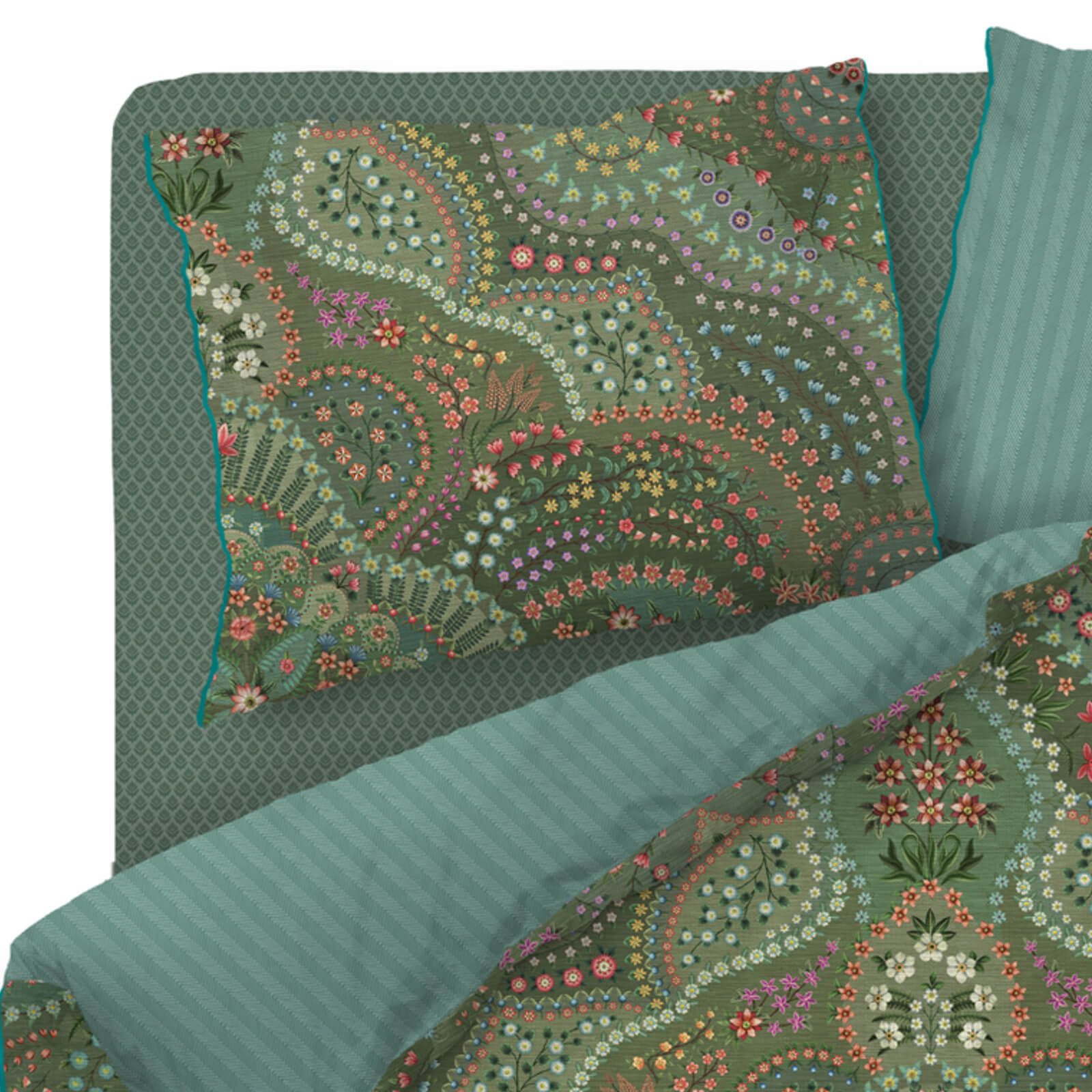 PiP Studio Bettwäsche Alfombra Grün, Perkal, 2 teilig, Blüten, florale Elemente, Gestreift