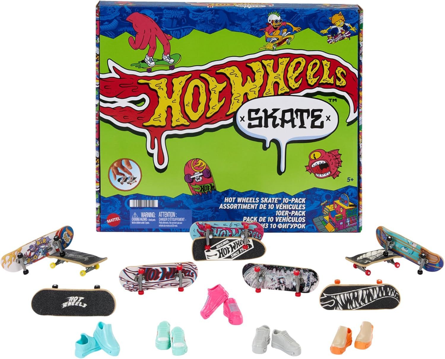 Hot Wheels Miniskateboard Hot Wheels Skate-Fingerboards 10er-Pack, Set HTP59 + 5 Paar Schuhe