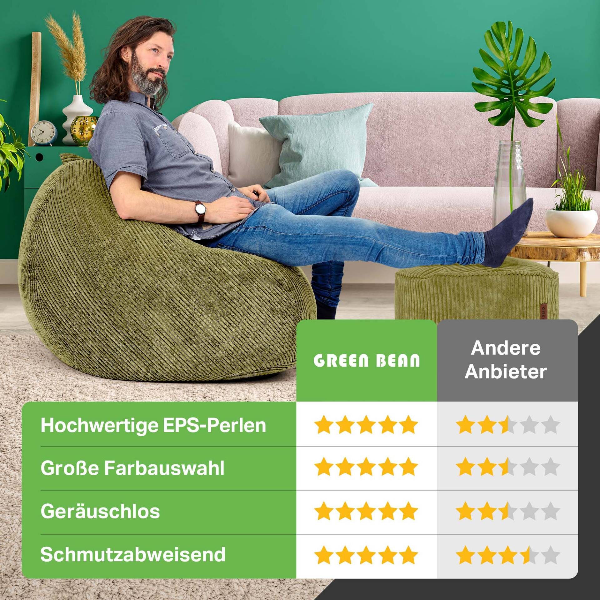 Green Bean Sitzsack XXL Sitzsack Scoop + Hocker aus Cord, Indoor Sitzkissen mit Sitzhocker, Relax Sessel
