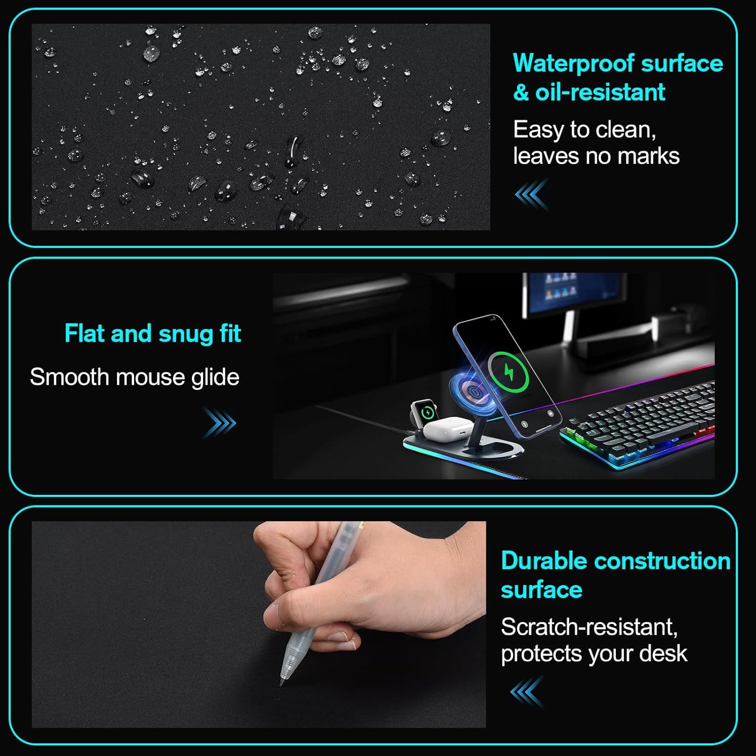 ibettertec Gaming Mauspad RGB Mousepad Induktive Ladestationen, 3 in1 MagSafe Ladegerät (für Büro und Zuhause, schwarz, Wireless Charger, Wasserfestes Mauspad m – Bild 5 von 5
