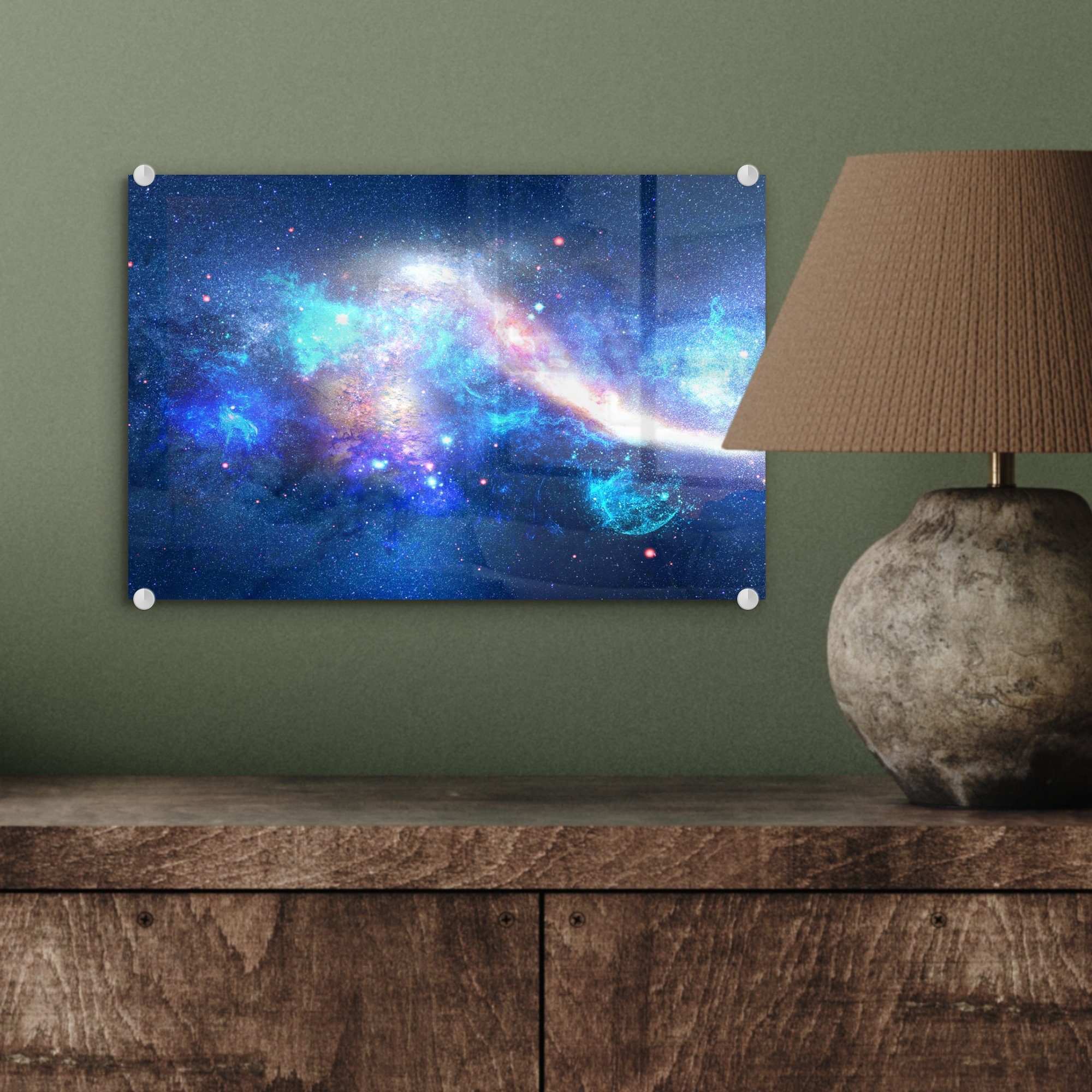 Wandbild Wanddekoration Glasbilder St), Universum - MuchoWow Blau - auf Sterne, Bilder - (1 - - Acrylglasbild Glas Foto Glas auf
