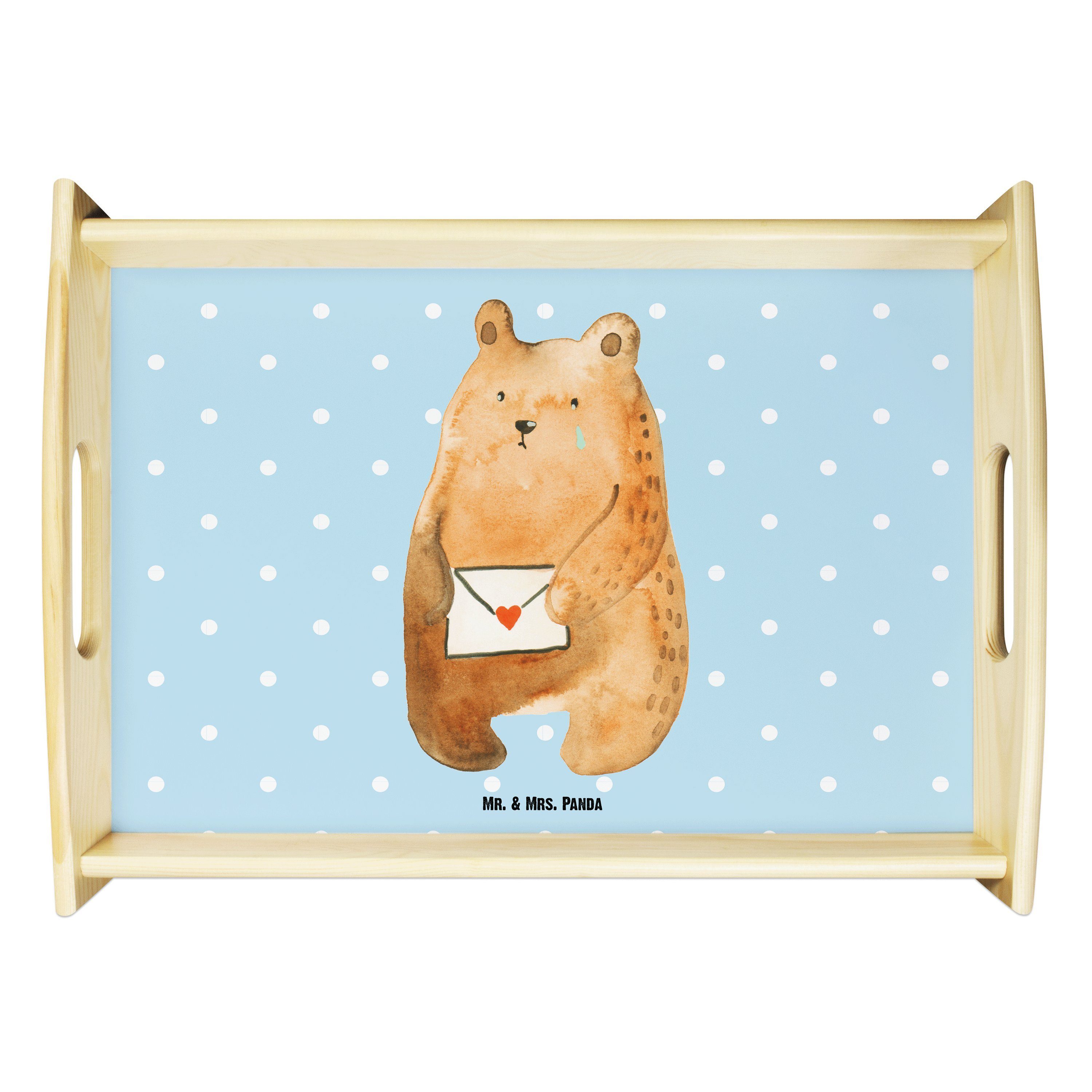 Mr. Teddybä, Frühstückstablett, Geschenk, Mrs. - (1-tlg) Echtholz - Tablett Liebesbrief-Bär Panda & Pastell Blau lasiert,