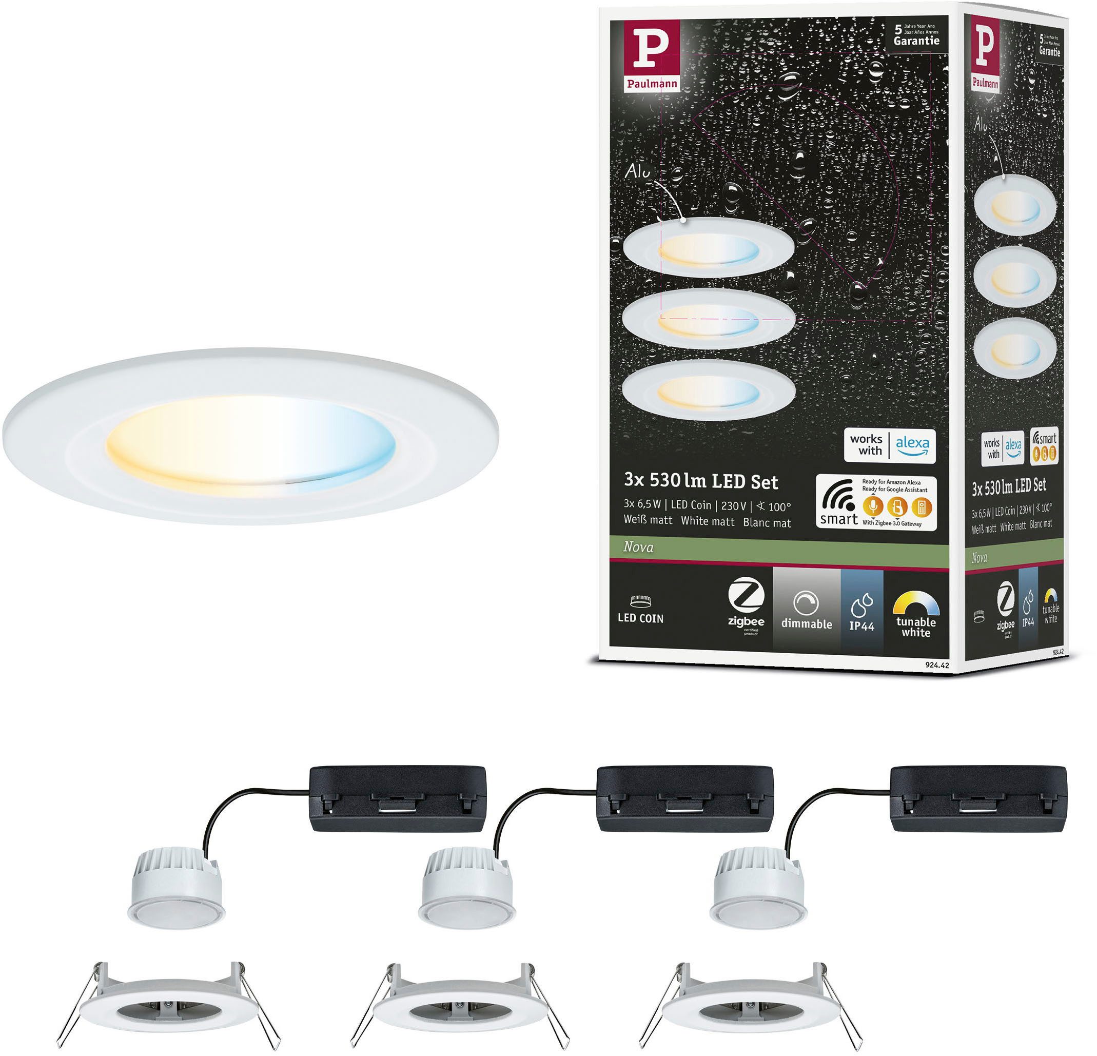 Paulmann LED Einbauleuchte LED Einbauleuchte Nova Coin IP44 rund 78mm, LED fest integriert, Tageslichtweiß, Memoryfunktion, Farbwechsler, Farbsteuerung, Dimmer, Smart Home