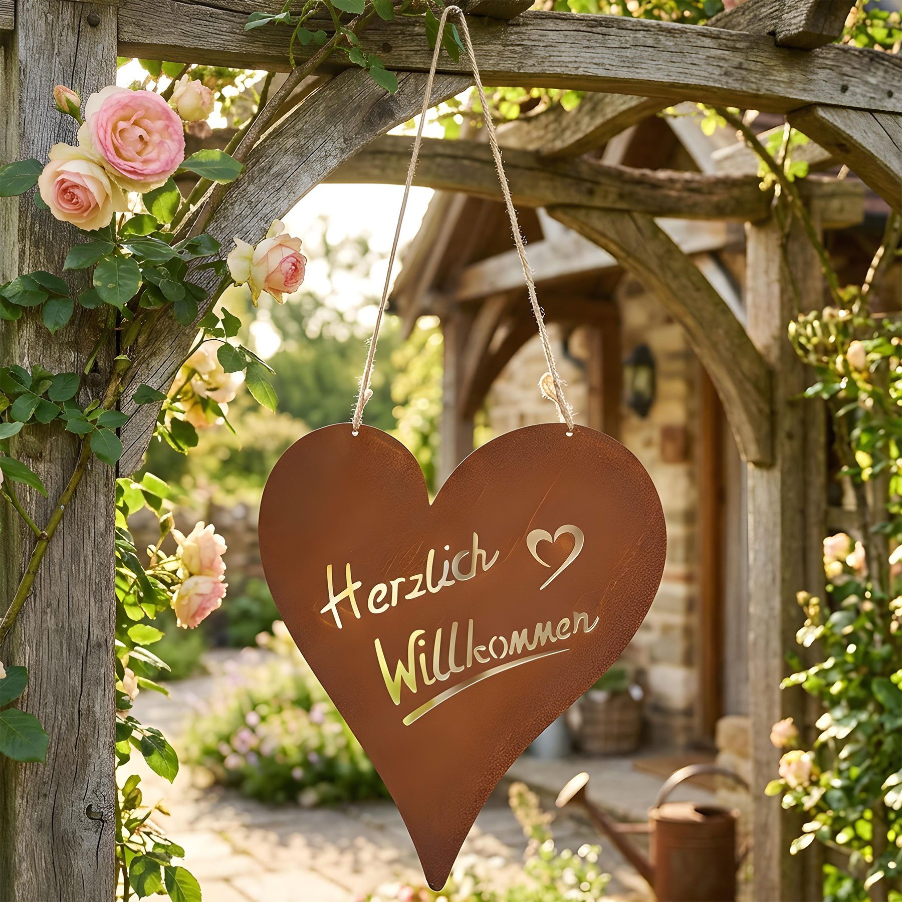 Levandeo® Dekoobjekt, Türschild Herz Willkommen Rostoptik Gartendeko Metall Herzform