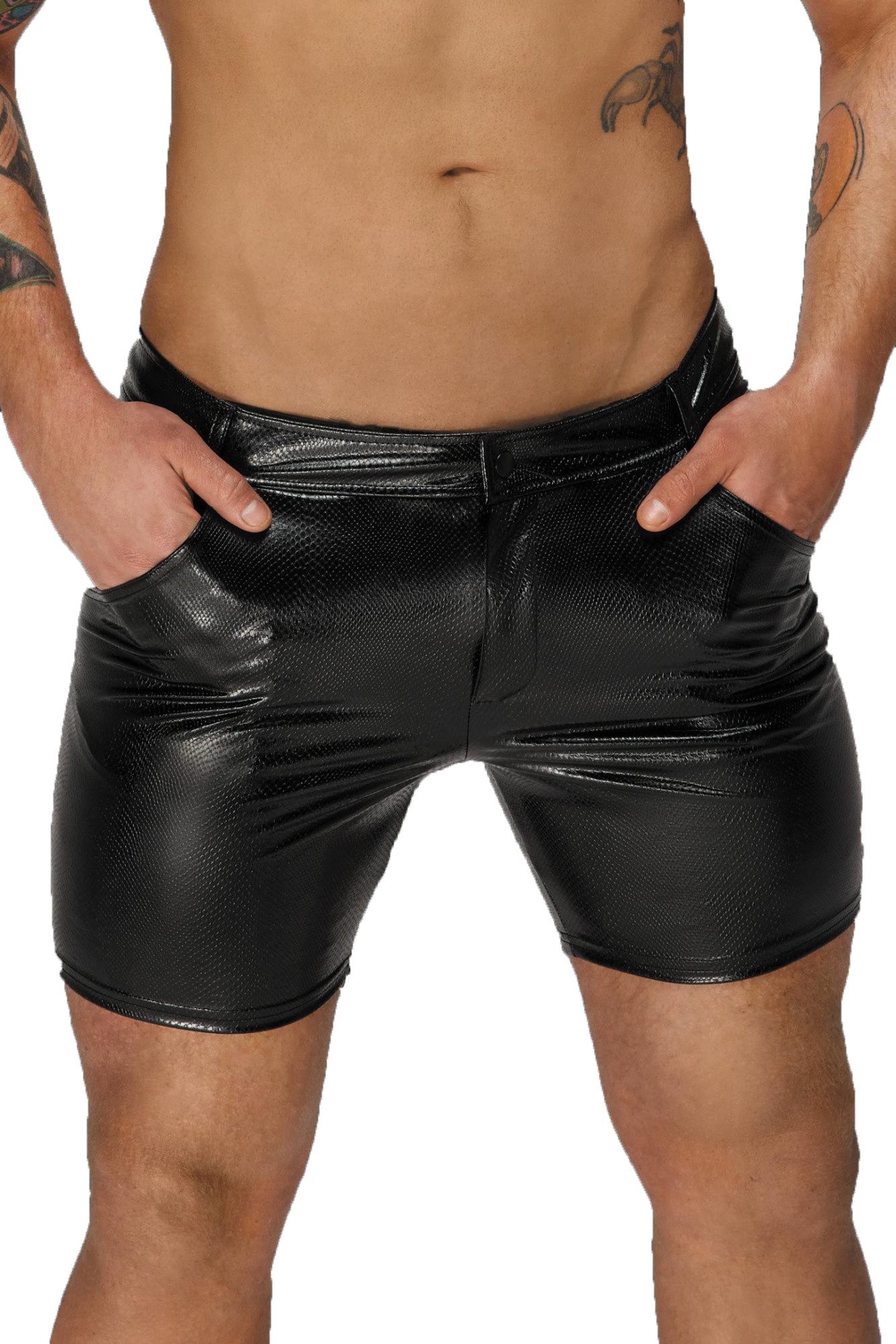 Noir Handmade Men Collection Shorts Herren wetlook Shorts mit Schlangen-Look, vorderen Reißverschluss und
