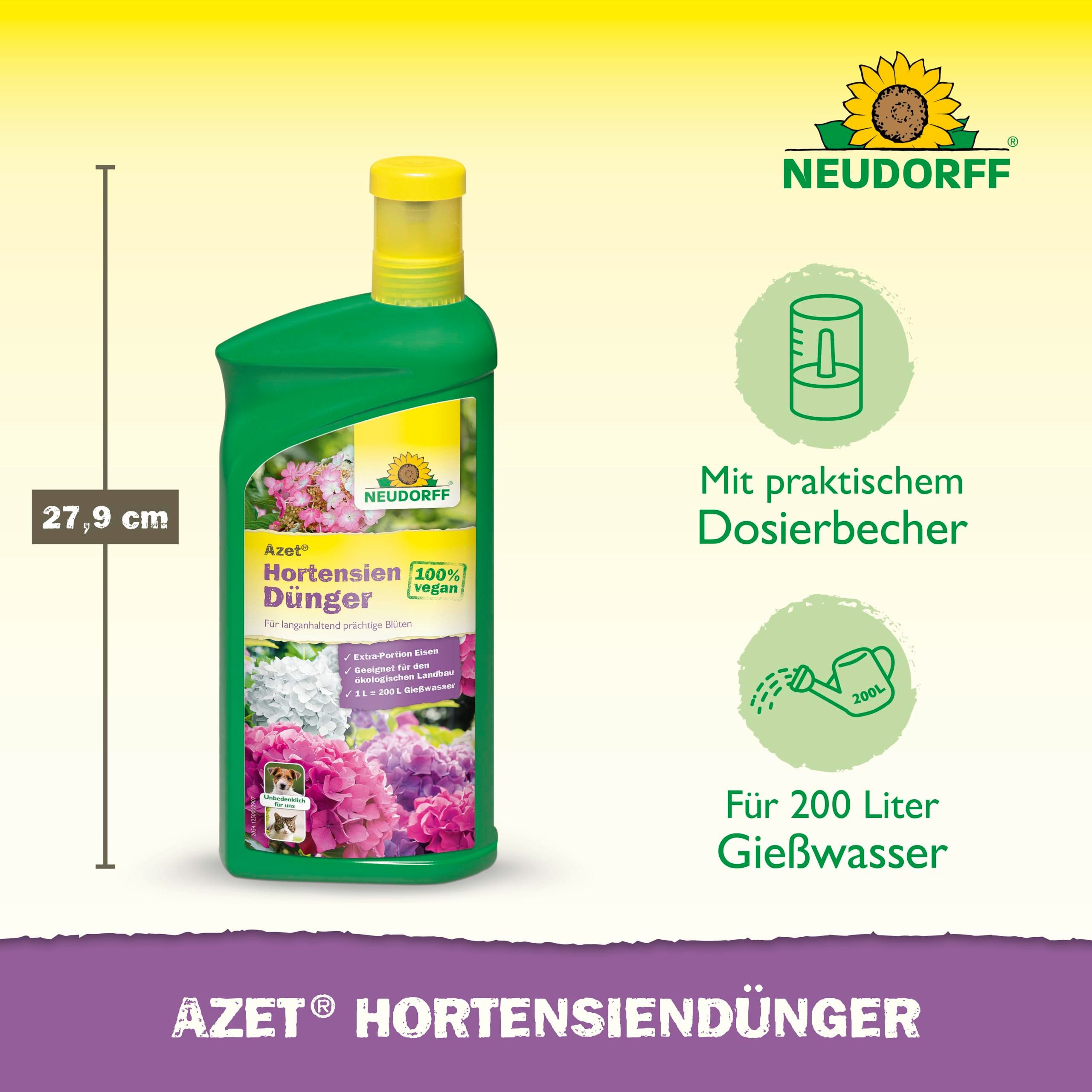 Neudorff Blumendünger Bio - Azet HortensienDünger 1L für 200L Gießwasser, 100 % organisch und vegan - Bio Blaudünger Hortensien mit hohem Kaliumgehalt und Extra Eisen, für prächtig blühende Hortensien im Beet und Kübel, Hortensiendünger mit Eisen mit praktischem Dosierbecher