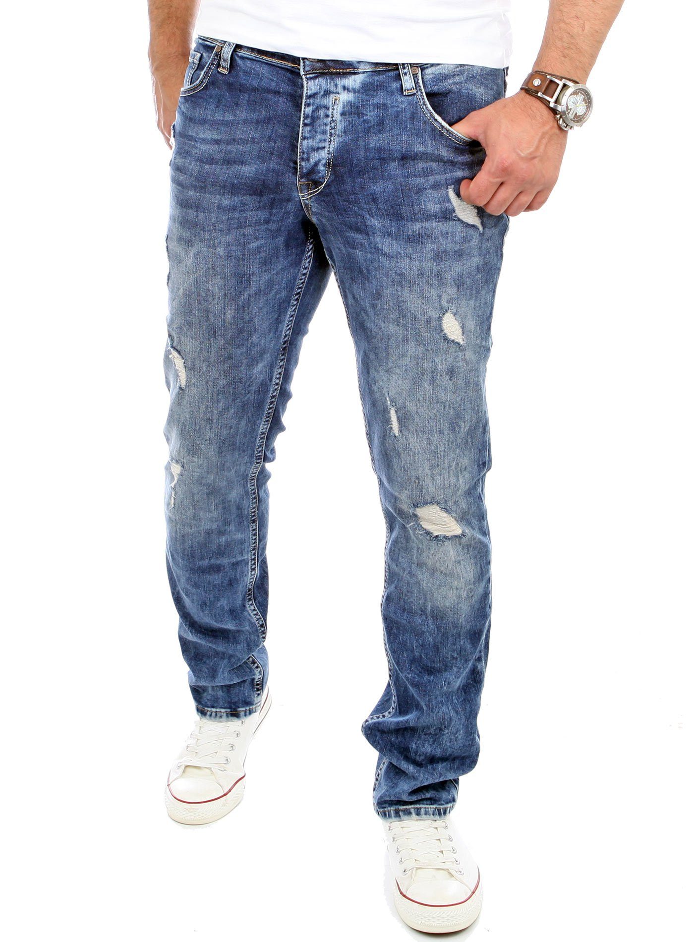 Reslad Slim-fit-Jeans Reslad Jeans-Herren Destroyed Look Slim Fit Stretch Denim Jeans-Hose Destroyed Look Slim Fit Jeans blau