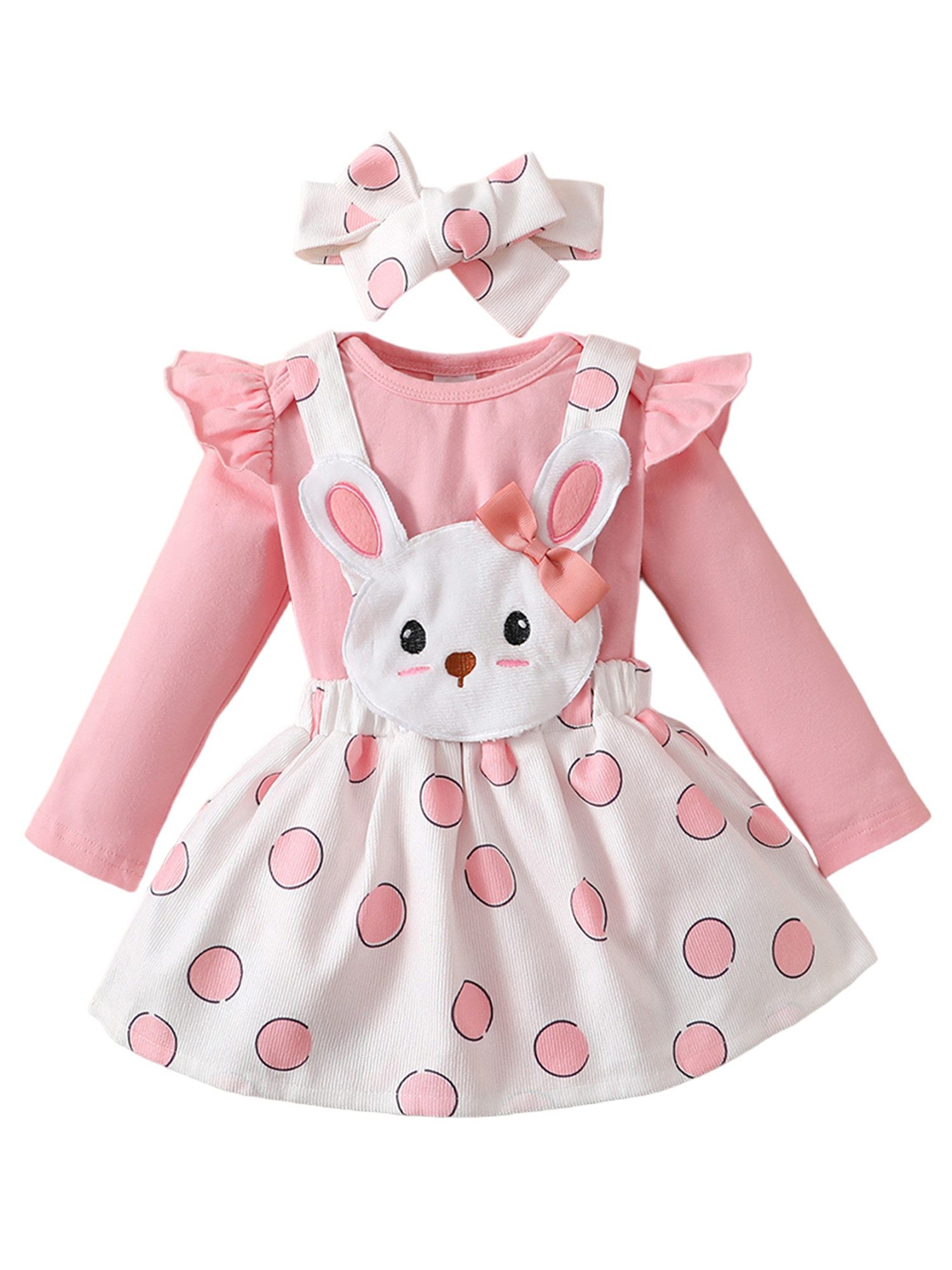 Shirt, Rock & Haarband Baby Mädchen Langärmliger Overall & süßes Trägerkleid & Stirnband