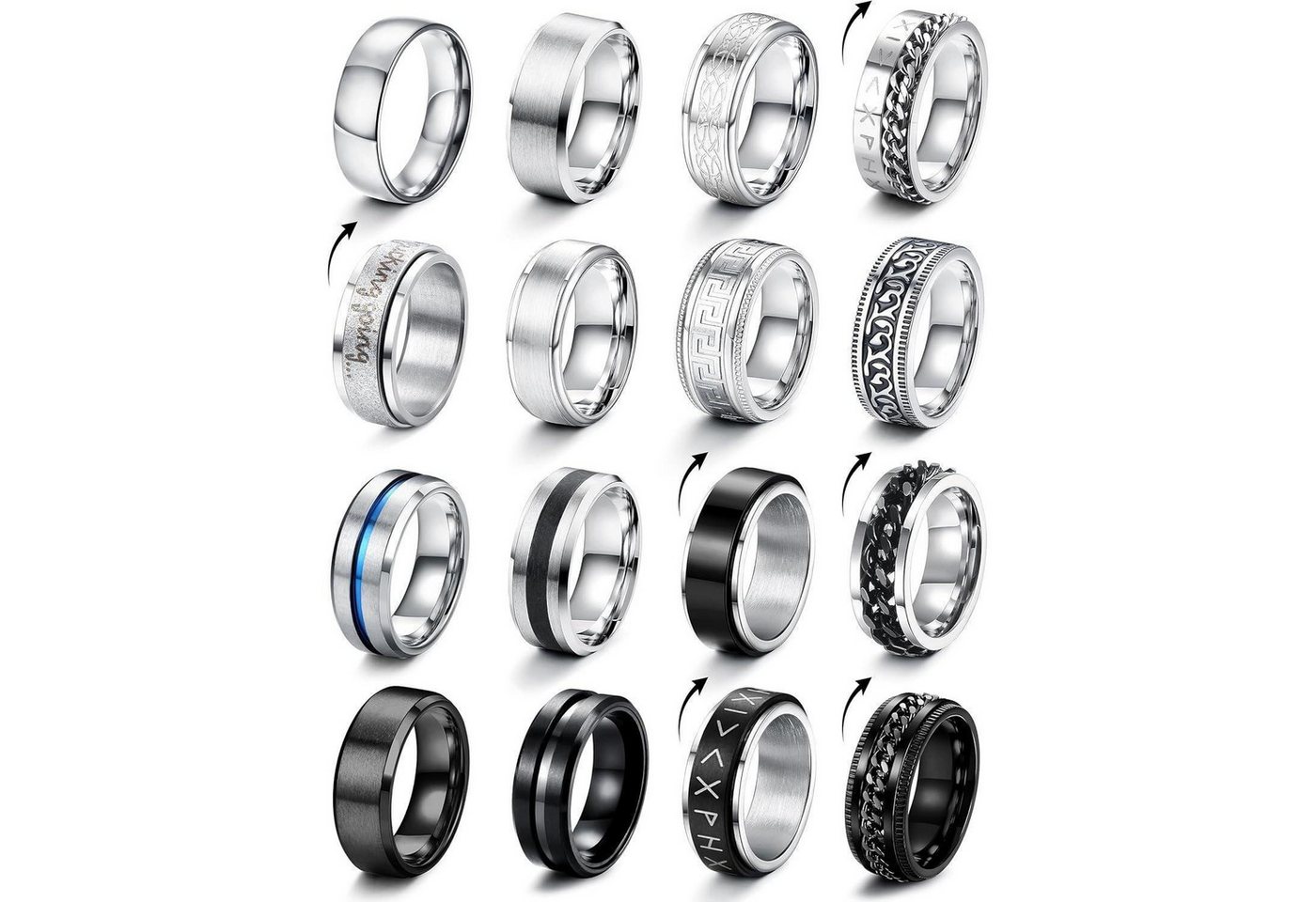 LuxusKollektion Ring-Set 16er Set Edelstahl Herren Ringe Silber Schwarz Matt Finish Keltischer