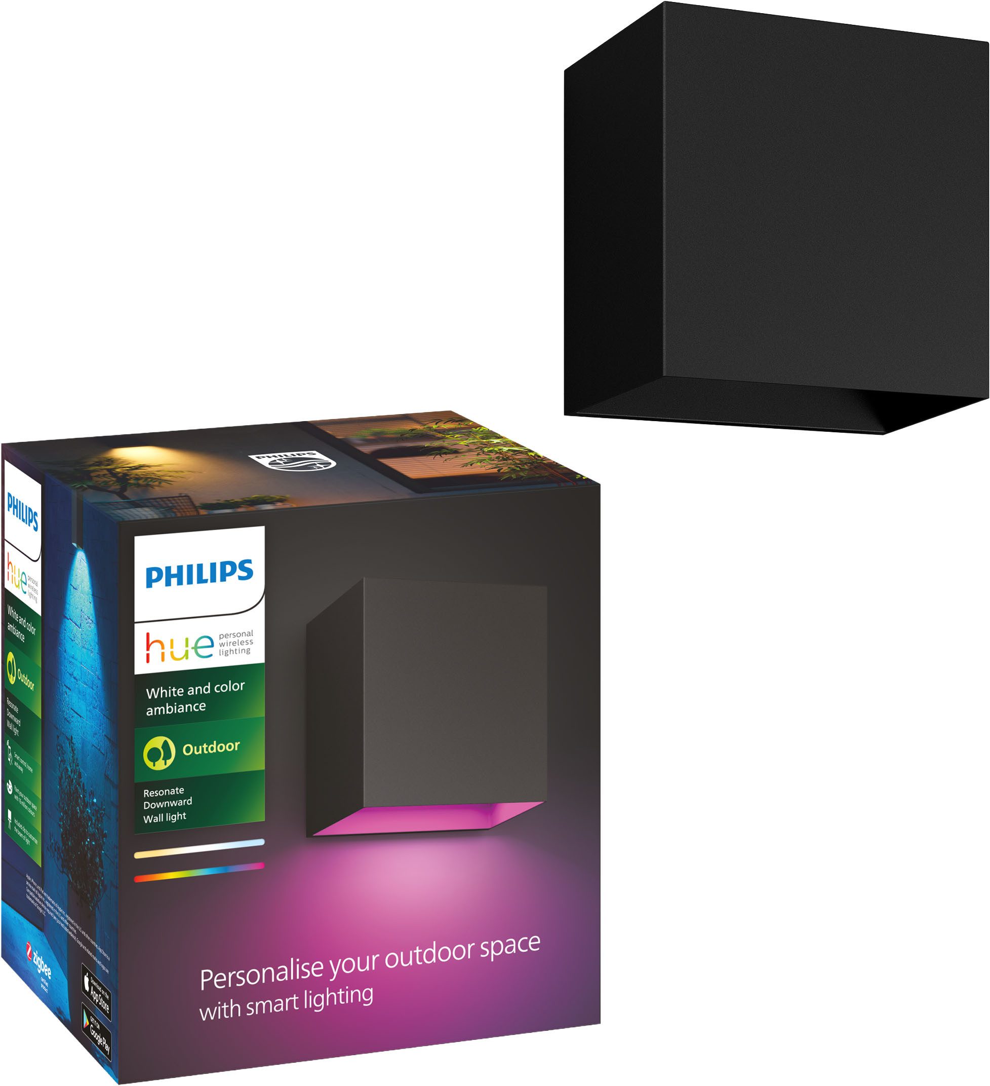 Philips Hue Smarte LED-Leuchte Outdoor White & Color Ambiance Resonate Wandleuchte schwarz, Abschaltautomatik, Bluetooth, CCT - über Fernbedienung, Dimmfunktion, Farbsteuerung, Farbwechsel, Leuchtdauer einstellbar, Memoryfunktion, Nachtlichtfunktion, RGB, Smart Home, Timerfunktion, dimmbar über Fernbedienung, erweiterbar, mehrere Helligkeitsstufen, LED wechselbar, RGB, einstrahlig