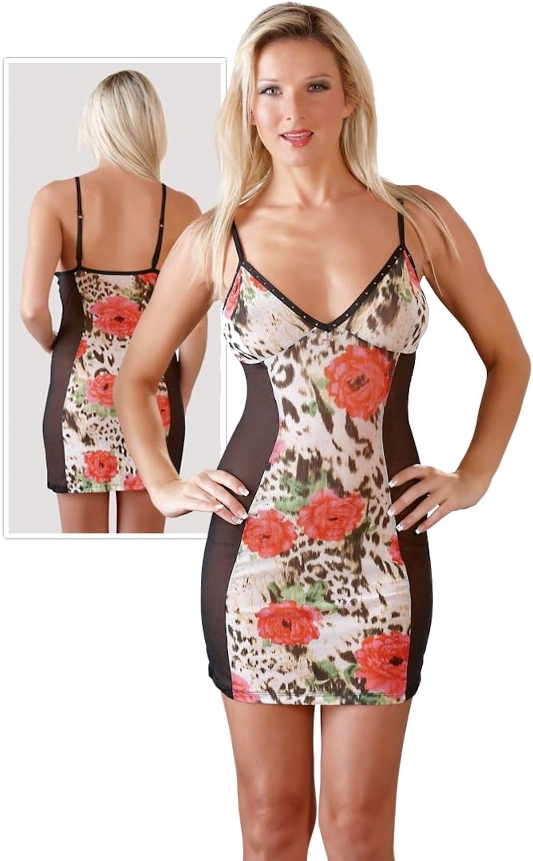 Negligé Netz-Chemise mit Strasskreuz Negligee Minikleid floralen Animalprint