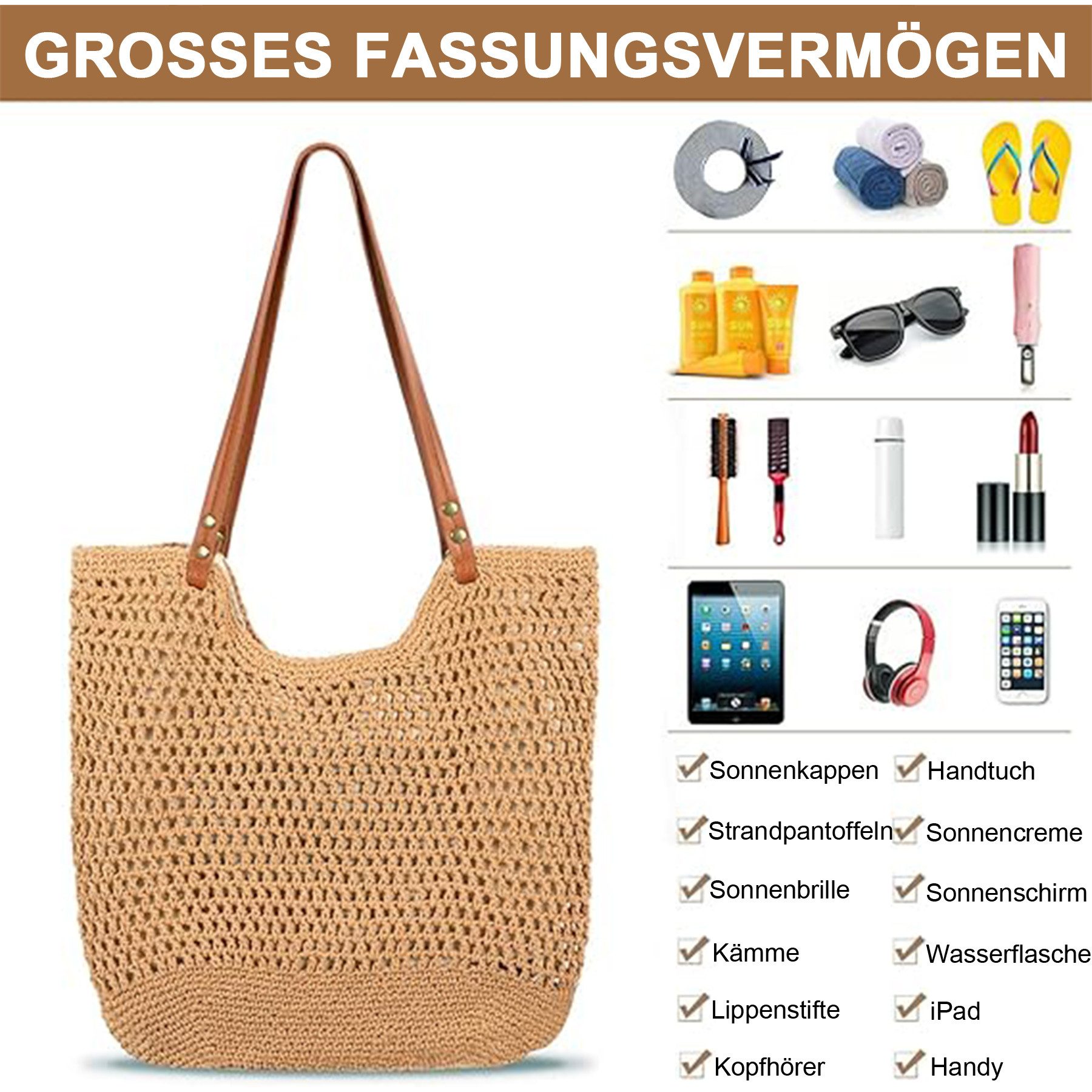 Mutig Strandtasche Sommer Strandtasche Damen Boho Häkeltasche Strand Mesh Tragetasche (Strohtasche Beach Handtasche Leicht Umhängetasche Vintage Sommertasche, Einkaufstasche Lässige, Reisetaschen Tasche, faltbar Hobo Taschen), für Reisen Einkaufen, Urlaub, Pendeln Strand Pool Fitnessstudio