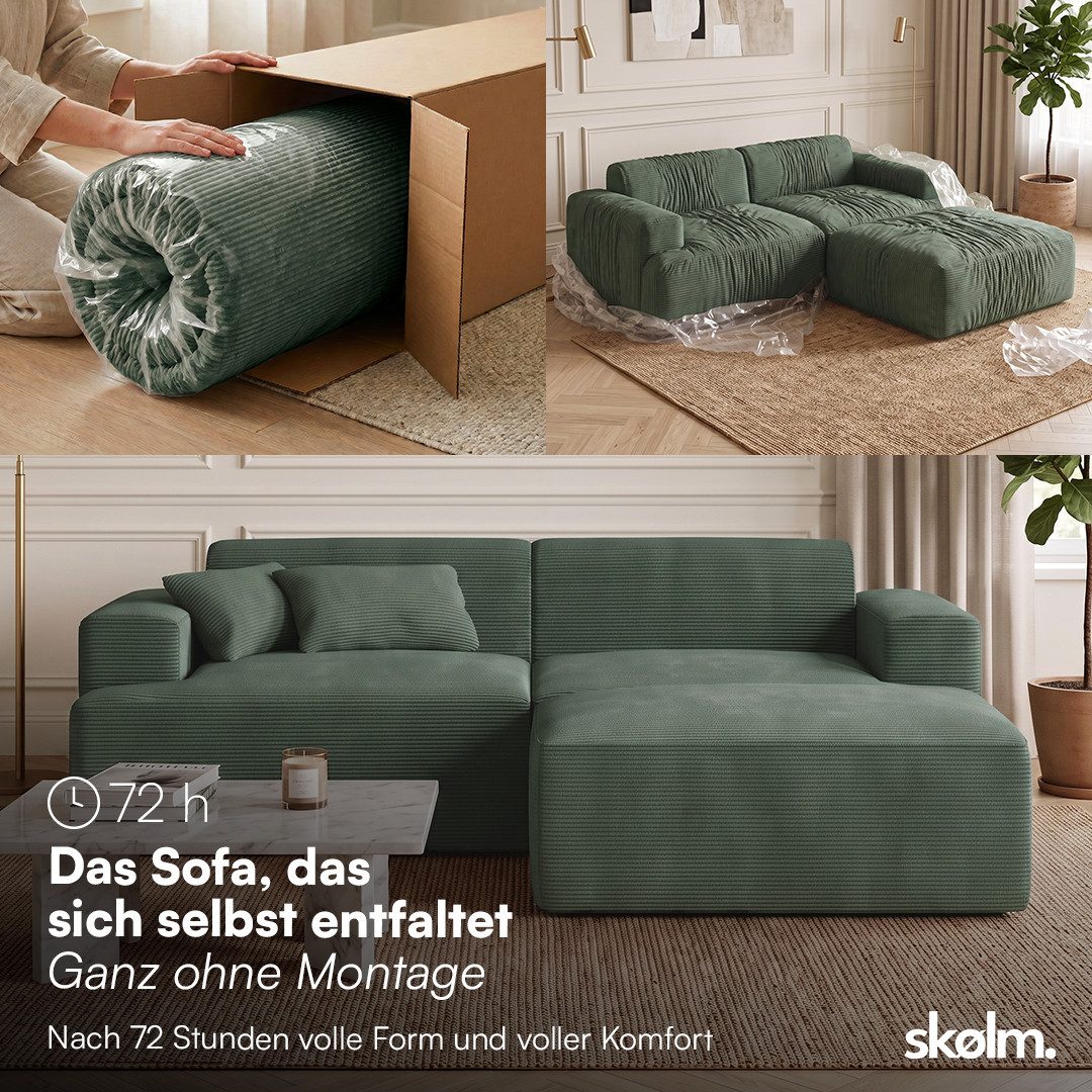 skølm Sofa Freki aus Cord, Vollschaumcouch mit Federkern und Vakuum-Kompression, Dunkelgrün, Couch 2 Sitzer mit Hocker und 2 Kissen, kein Aufbau erforderlich, 230 cm breit, gepolstert, vakuumiert