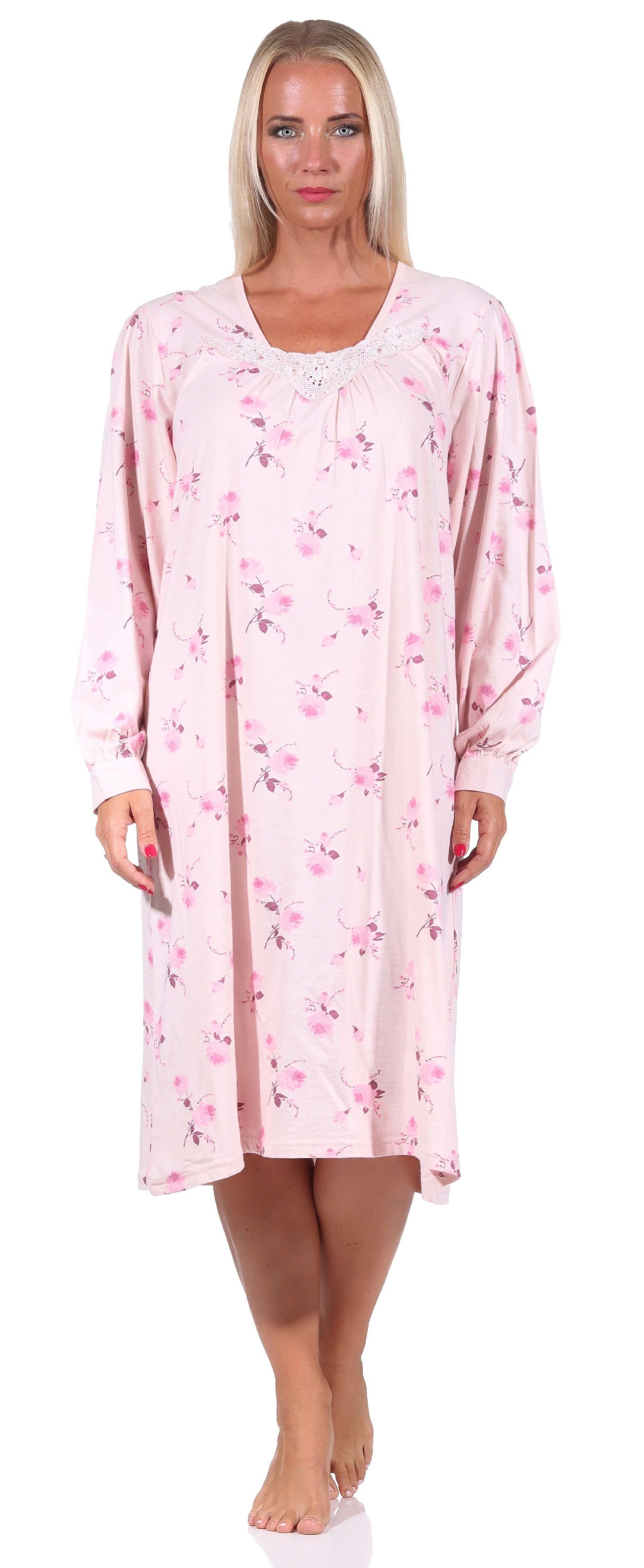Normann Nachthemd Frauliches Damen Nachthemd mit Spitze, cm Länge, Knopfleiste am Hals rosa