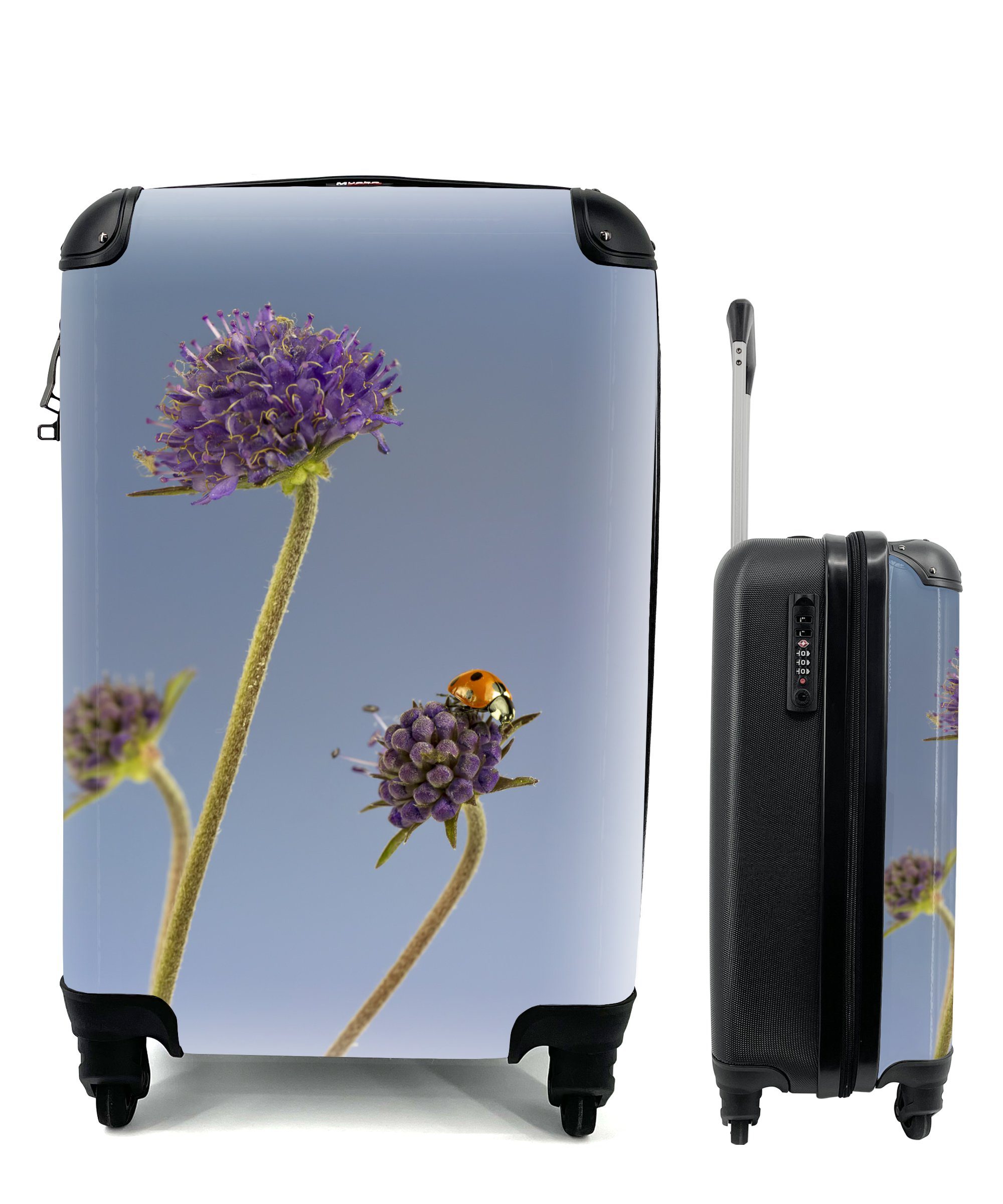 MuchoWow Handgepäckkoffer Marienkäfer auf Blume blauer Himmel, 4 Rollen, Reisetasche mit rollen, Handgepäck für Ferien, Trolley, Reisekoffer