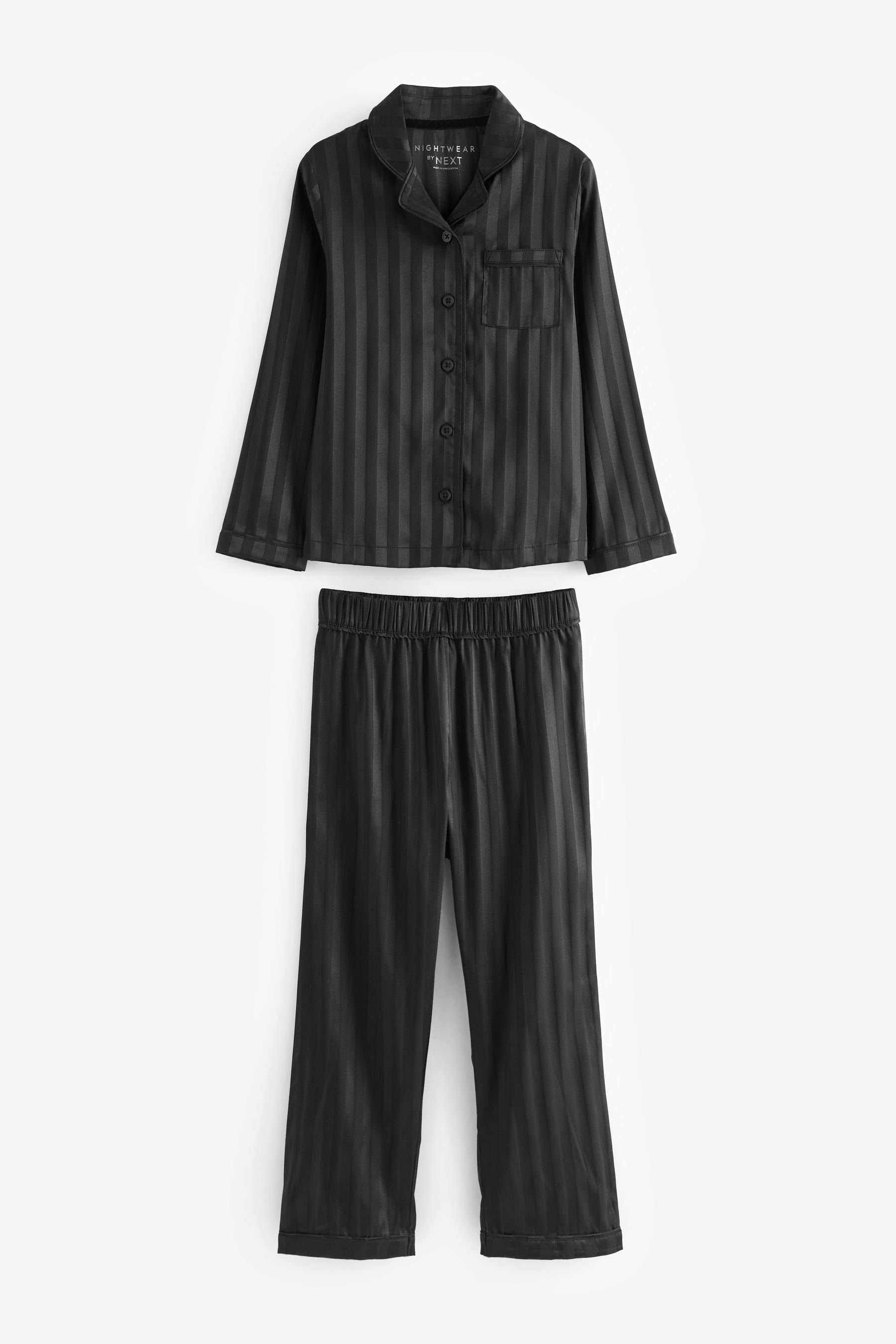 Next Pyjama Durchgehend geknöpfter Schlafanzug aus Satin (2 tlg) Black Self Stripe