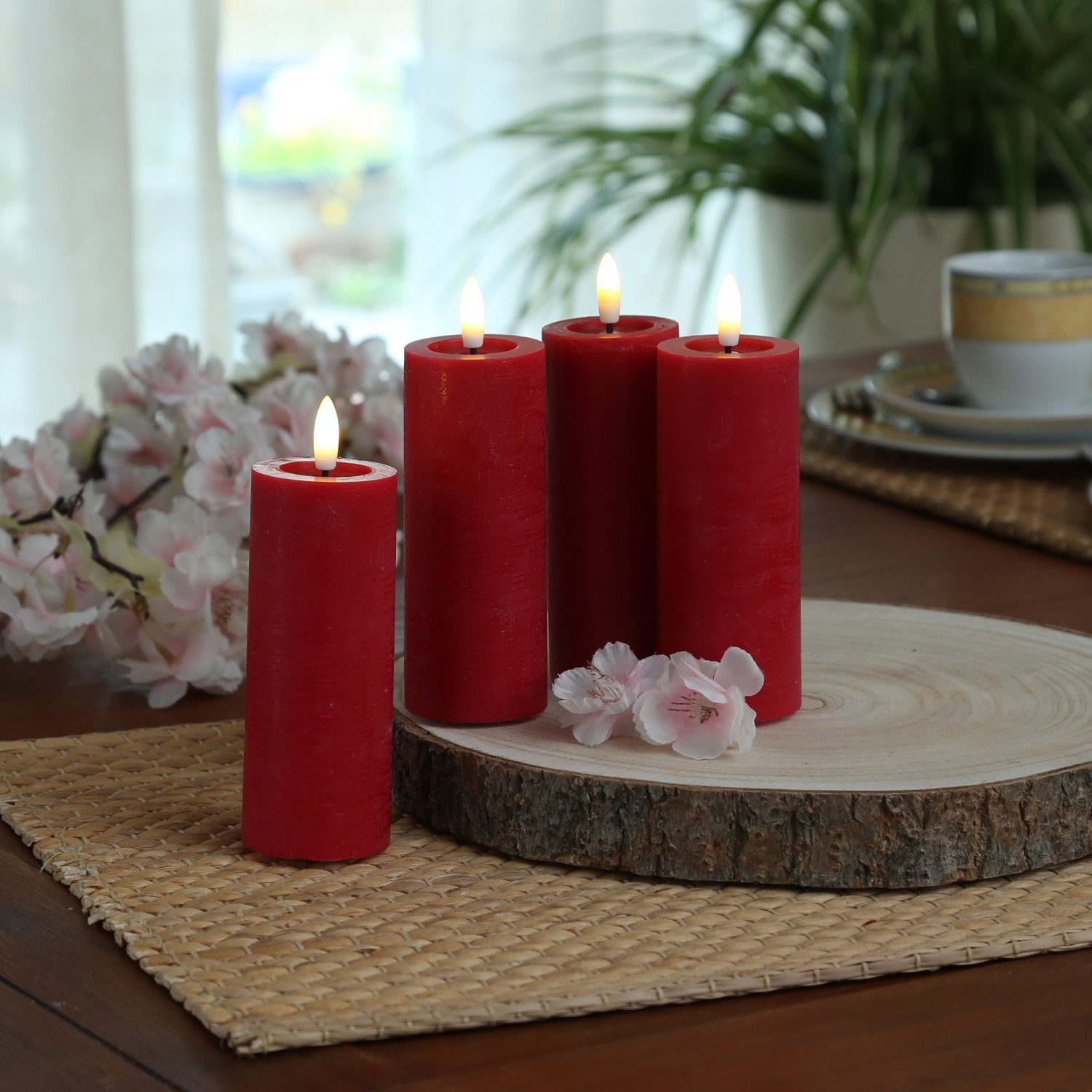 Adilina LED-Kerze Kerzenset LINA Rustik Optik für Adventskranz 5x12,5cm Timer rot 4St, LED Classic, warmweiß (2100K bis 3000K)