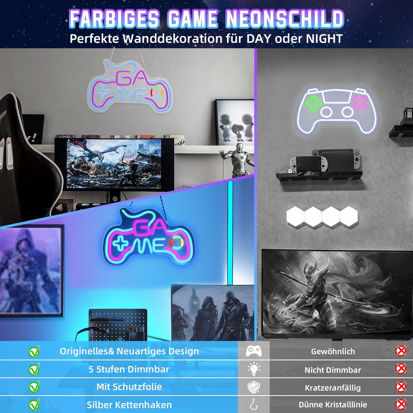 Laybasic Nachtlicht Gamer LED Neonlicht,Dimmer Neon Schild USB Leuchtreklame, 5 Helligkeit 40×25cm für Game Room Bar Wall Party Deko