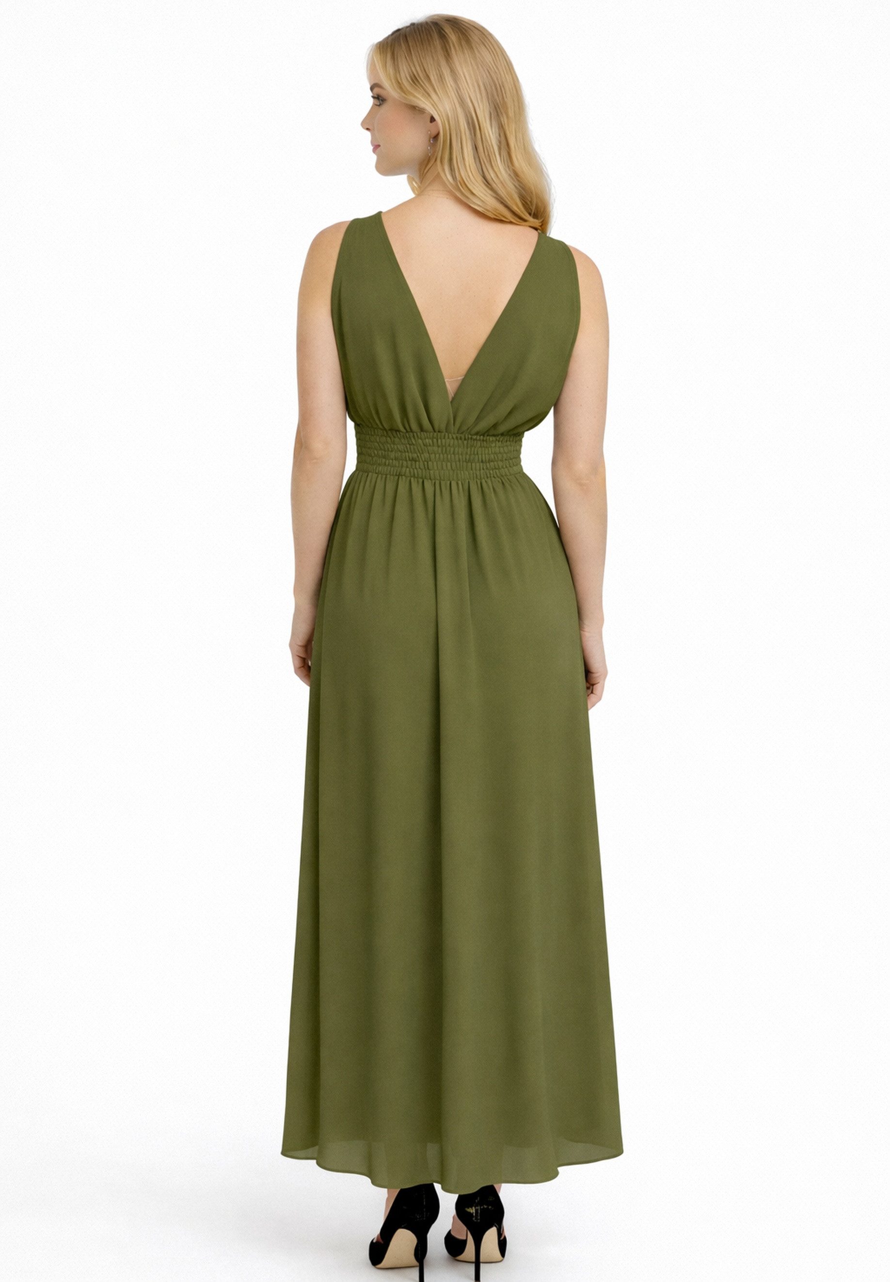 Elara Maxikleid Damen Langkleid mit V-Ausschnitt und gesmokter Taille im Wrap Look – Bild 3 von 3
