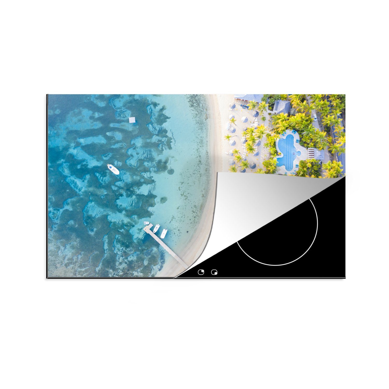 MuchoWow Herdblende-/Abdeckplatte Pool und Meer in der Karibik, Vinyl, (1 tlg), 81x52 cm, Induktionskochfeld Schutz für die küche, Ceranfeldabdeckung