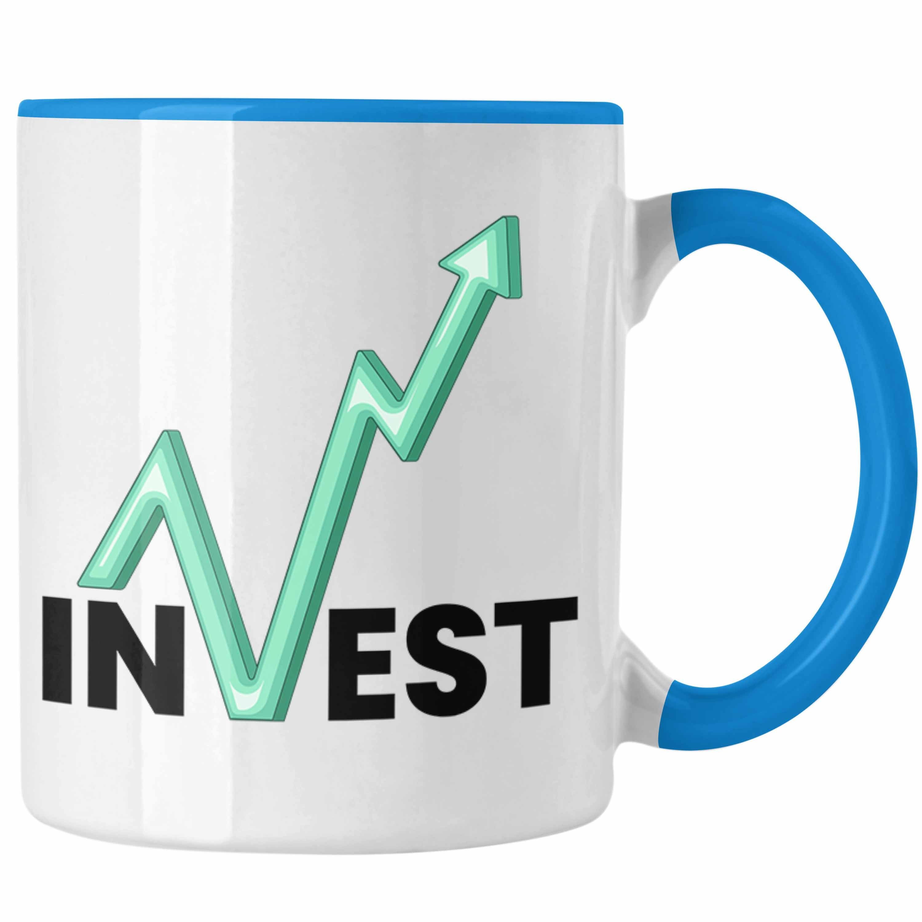 Trendation Tasse "Invest" Tasse Trader und Börsenfans Geschenk für Aktien Investment Li Blau