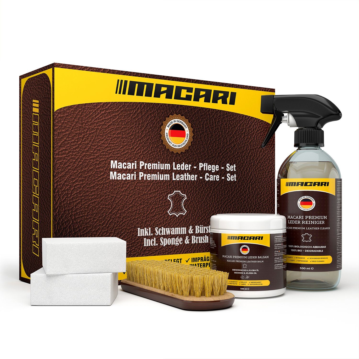 Macari Lederpflege Premium Lederreiniger Set Ledercouch Auto Schuhe Leder Lederreiniger (Ledercouch Auto Möbel Jacke Kleidung Sofa Handtasche Schuhe Sattel Lederfett, [4-St. 500ml)