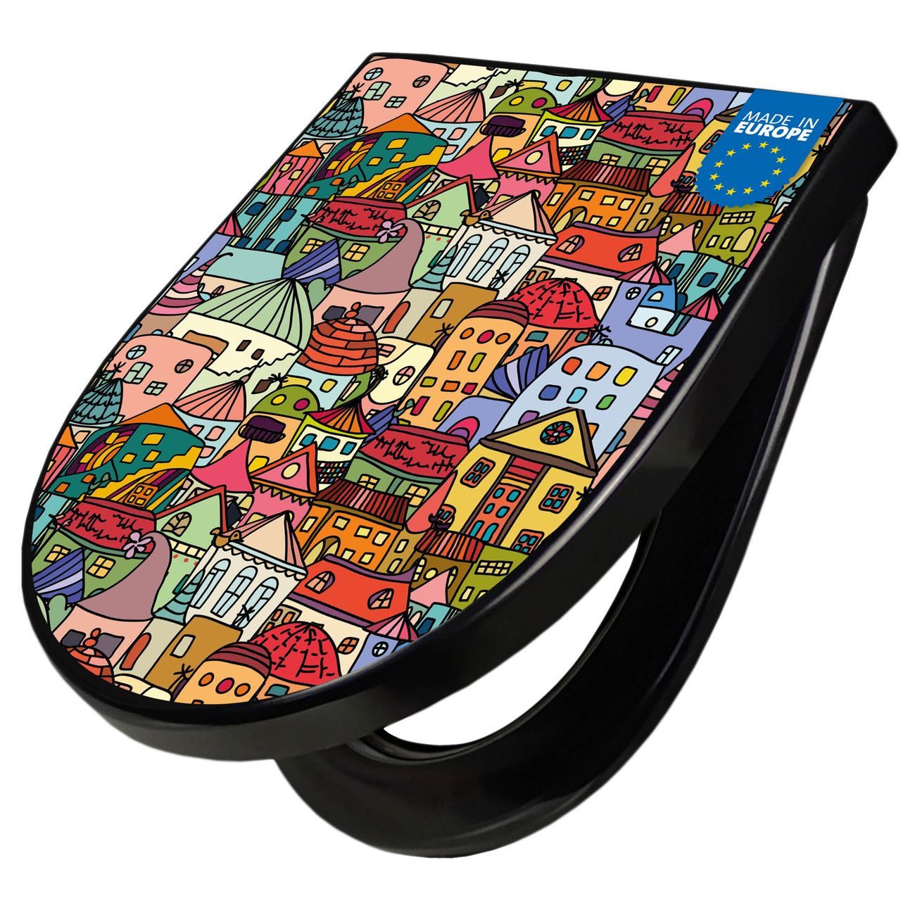 banjado WC-Sitz Premium D-Form mit Absenkautomatik Motiv Funky Town (umweltfreundliches Material, Softclose Absenkautomatik), 45 x 36,4 x 4