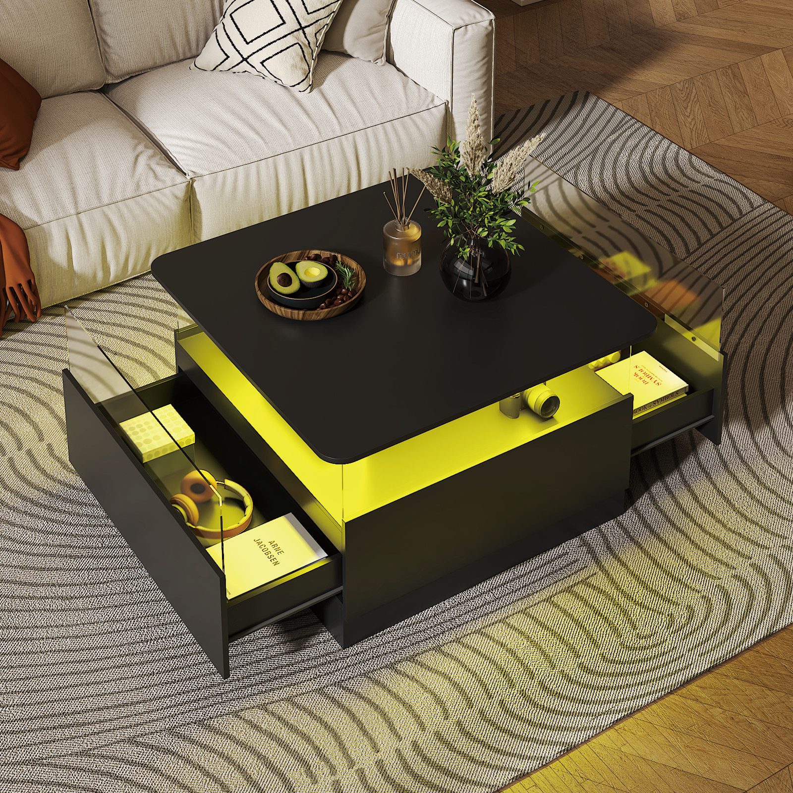 radelldar Couchtisch quadratisch mit LED-Beleuchtung und 2 Acryltüren-Schubladen (1-St), Wohnzimmertisch Beistelltisch, 78x78x48cm – Bild 4 von 5