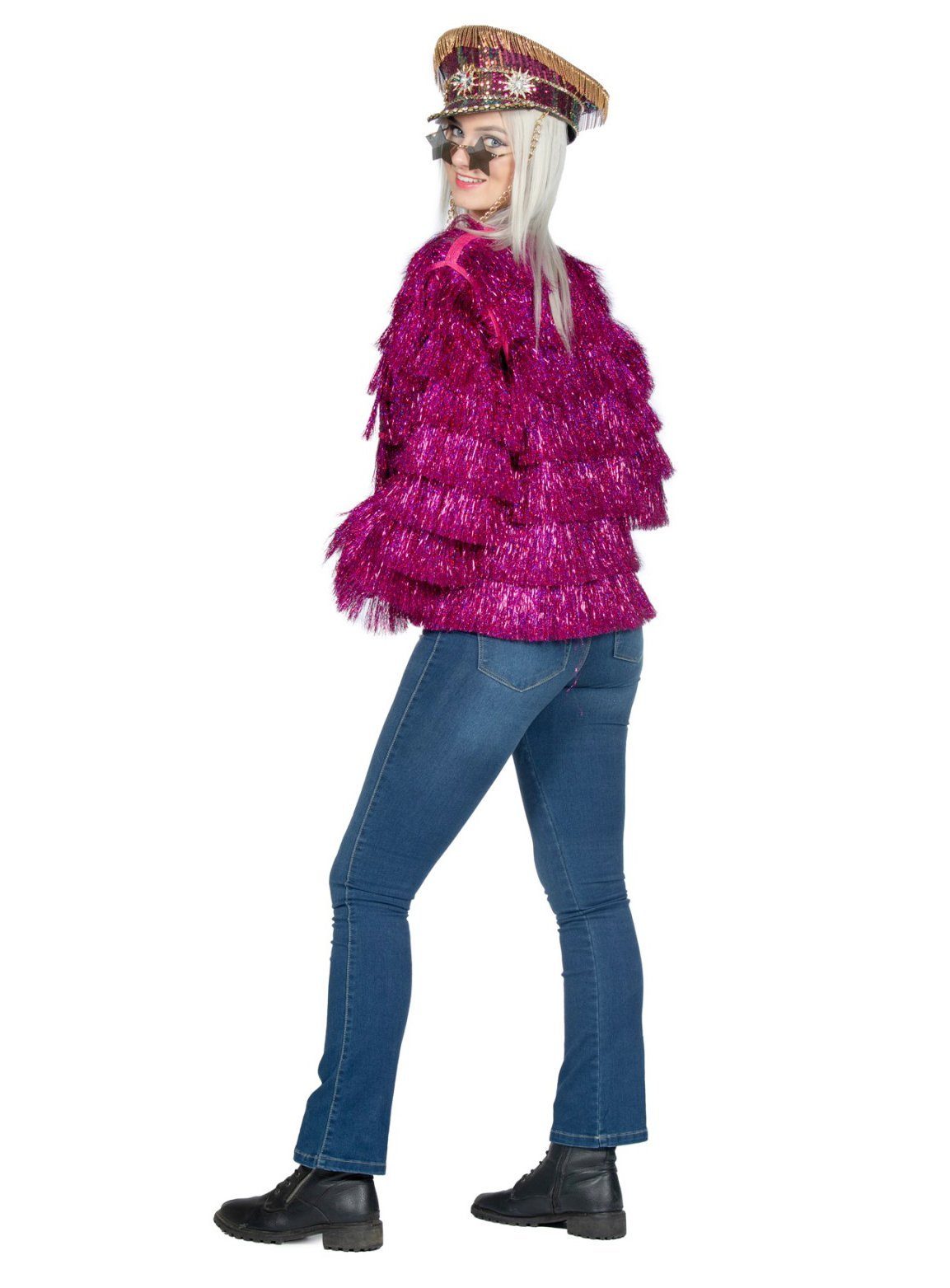 Metamorph Kostüm Glitzer Festivaljacke neon-pink, Farbenfrohe Fransenjacke mit Lametta-Overload
