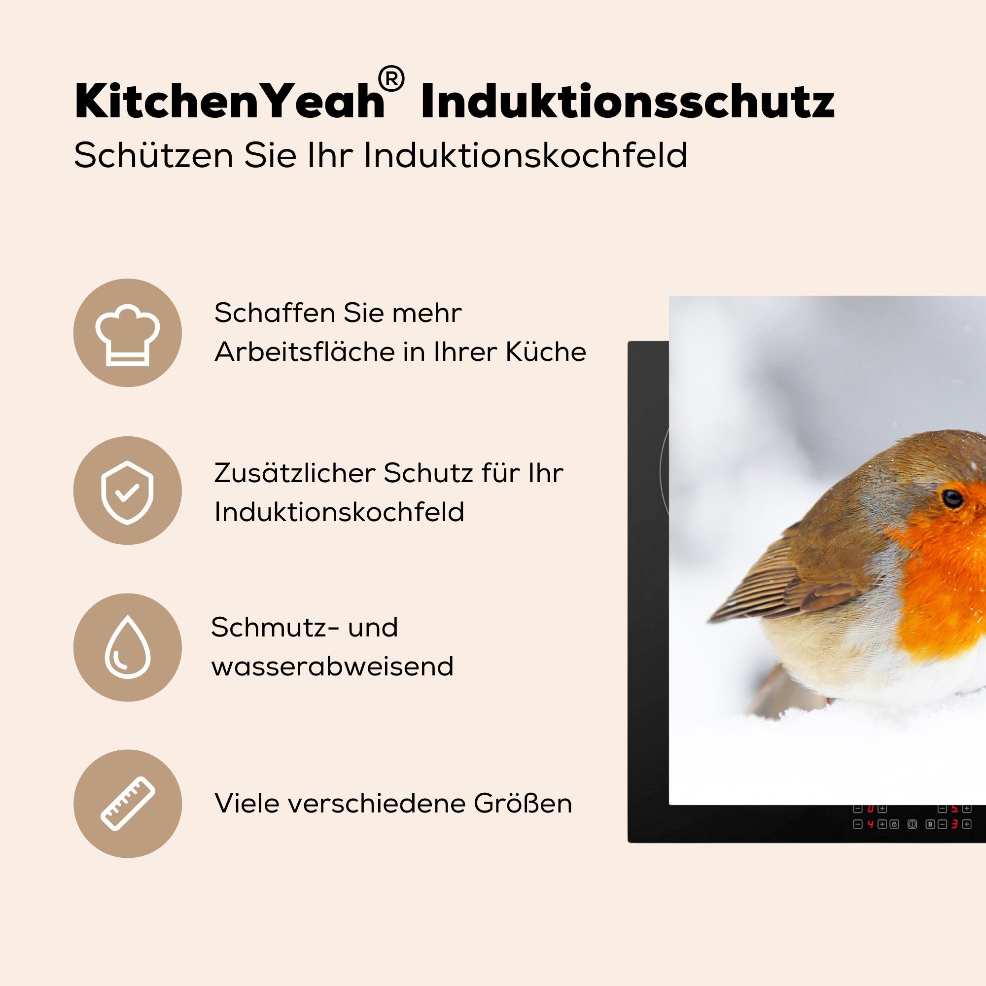 MuchoWow Herdblende-/Abdeckplatte Rotkehlchen - Schnee Vogel, tlg), cm, Ceranfeldabdeckung, 78x78 küche (1 Vinyl, - für Arbeitsplatte