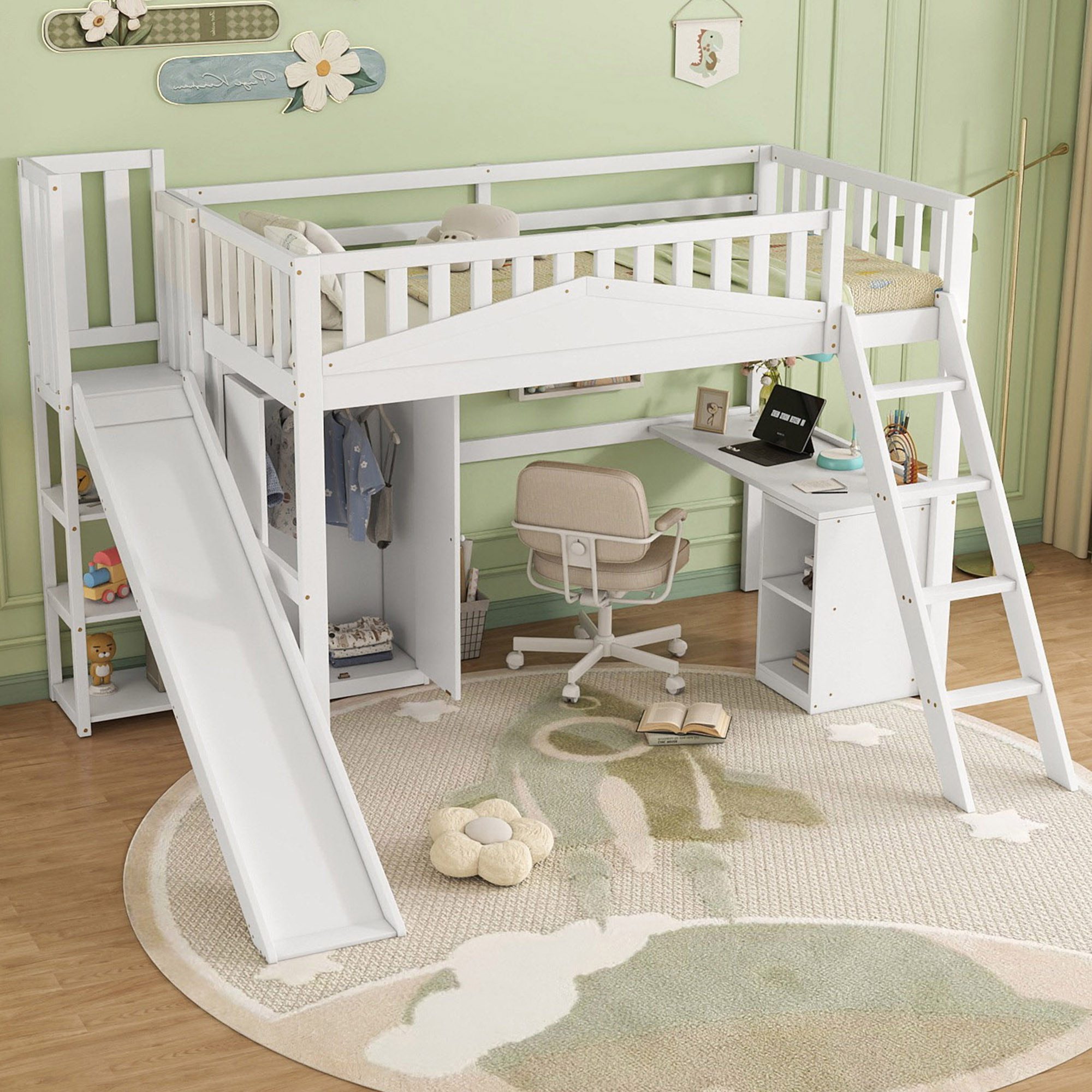 Flieks Hochbett Kinderbett 90x200cm mit Kleiderschrank, Schreibtisch, Leite günstig online kaufen