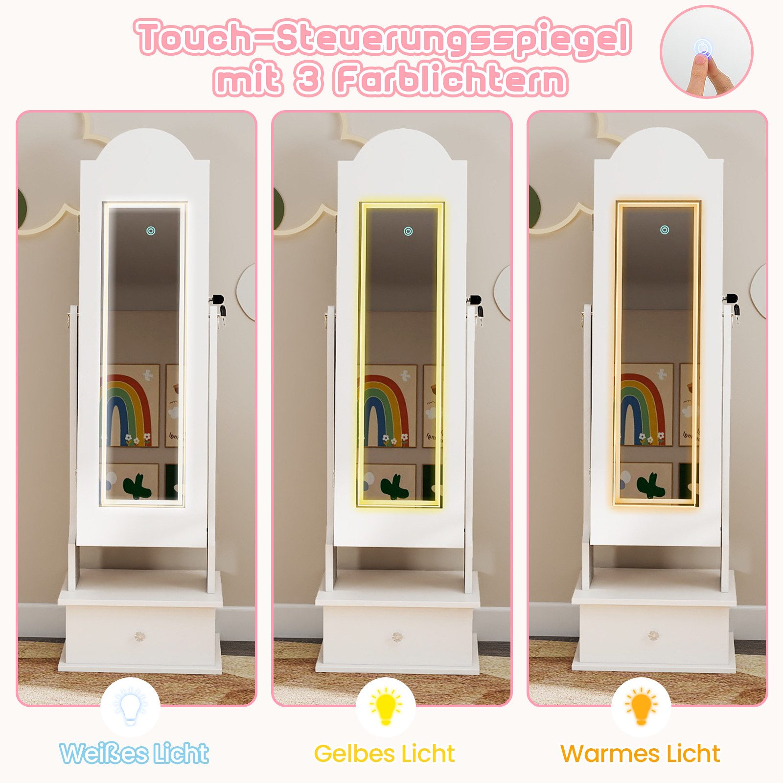 COSTWAY Schmuckschrank Kinder Schmuckkommode mit Beleuchtung & Spiegel