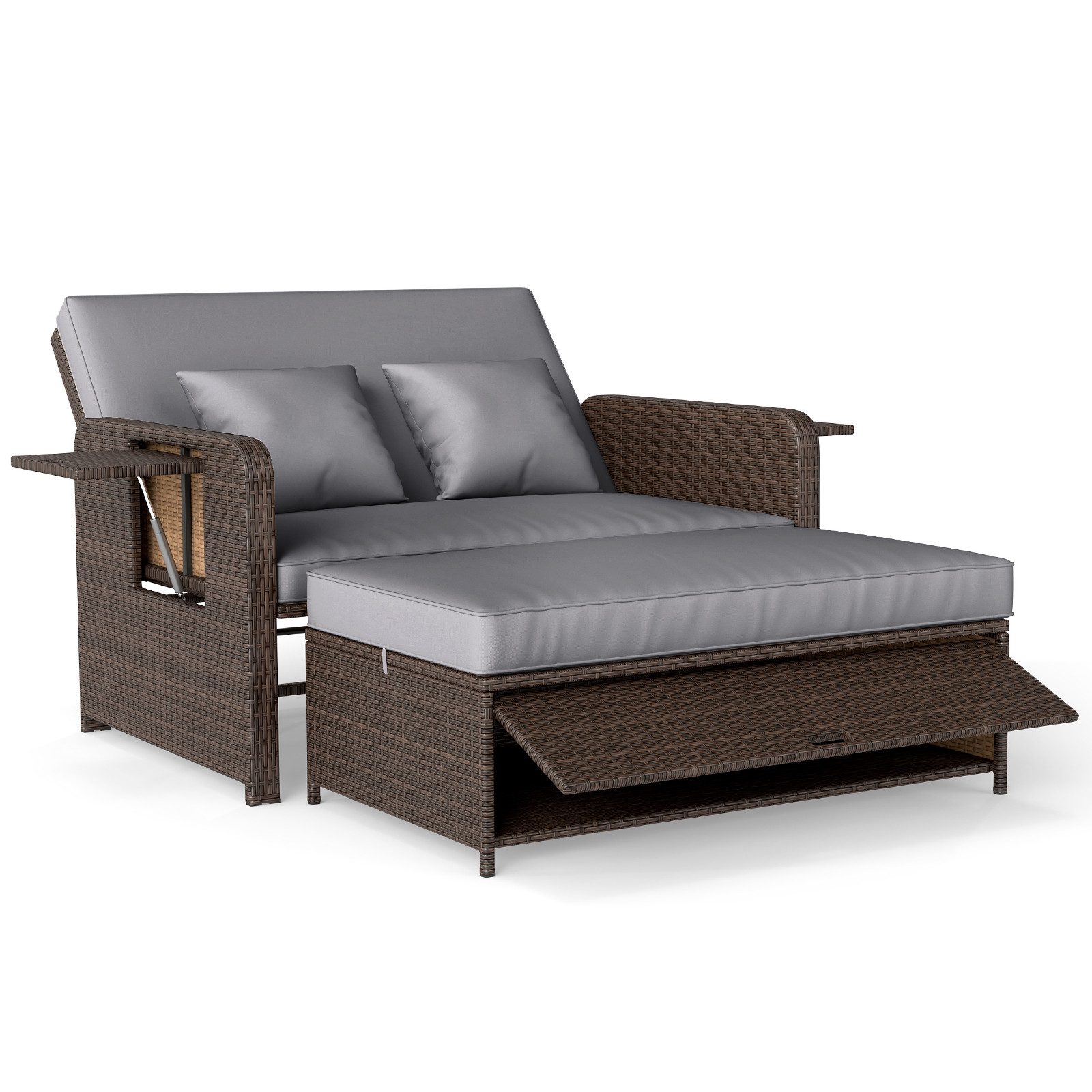 COSTWAY Loungebett, Rattan, 2-Personen, 3 in 1, mit verstellbarer Rückenlehne